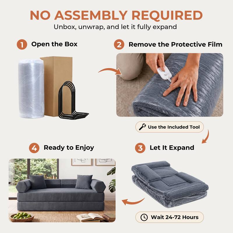 NO ASSEMBLY REQUIRED  
Unbox, unwrap, and let it fully expand

1. Open the Box
2. Remove the Protective Film
3. Let It Expand
4. Ready to Enjoy

Use the Included Tool  
Wait 24-72 Hours