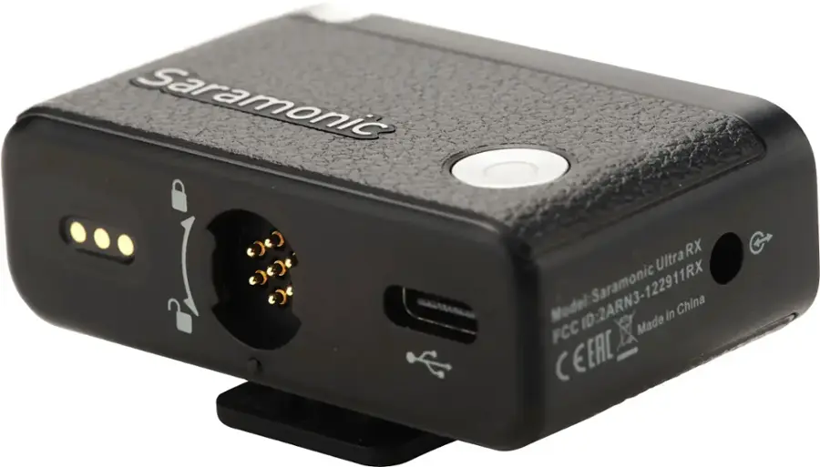 The text on the image reads "Saramonic RX Ultra Model:Saramonic 122911RX Model: in China FCC Made C EEAL." This text is grouped and corrected as follows:

"Saramonic RX Ultra Model: 122911RX Model: Made in China FCC Approved."