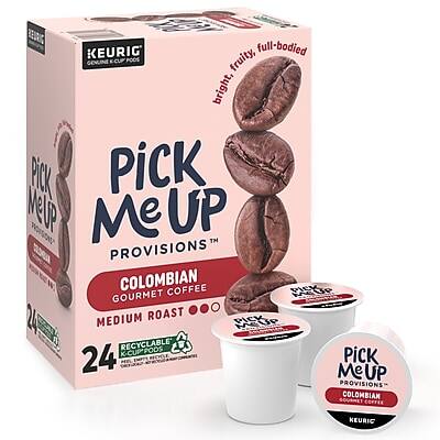 **KEURIG**  
Genuine K-Cup Pods

**PICK ME UP**  
PROVISIONS™

**COLOMBIAN**  
GOURMET COFFEE

**MEDIUM ROAST**

**24 RECYCLABLE K-CUP PODS**

**bright, fruity, full-bodied**

**PICK ME UP**  
PROVISIONS™  
COLOMBIAN  
GOURMET COFFEE  
KEURIG