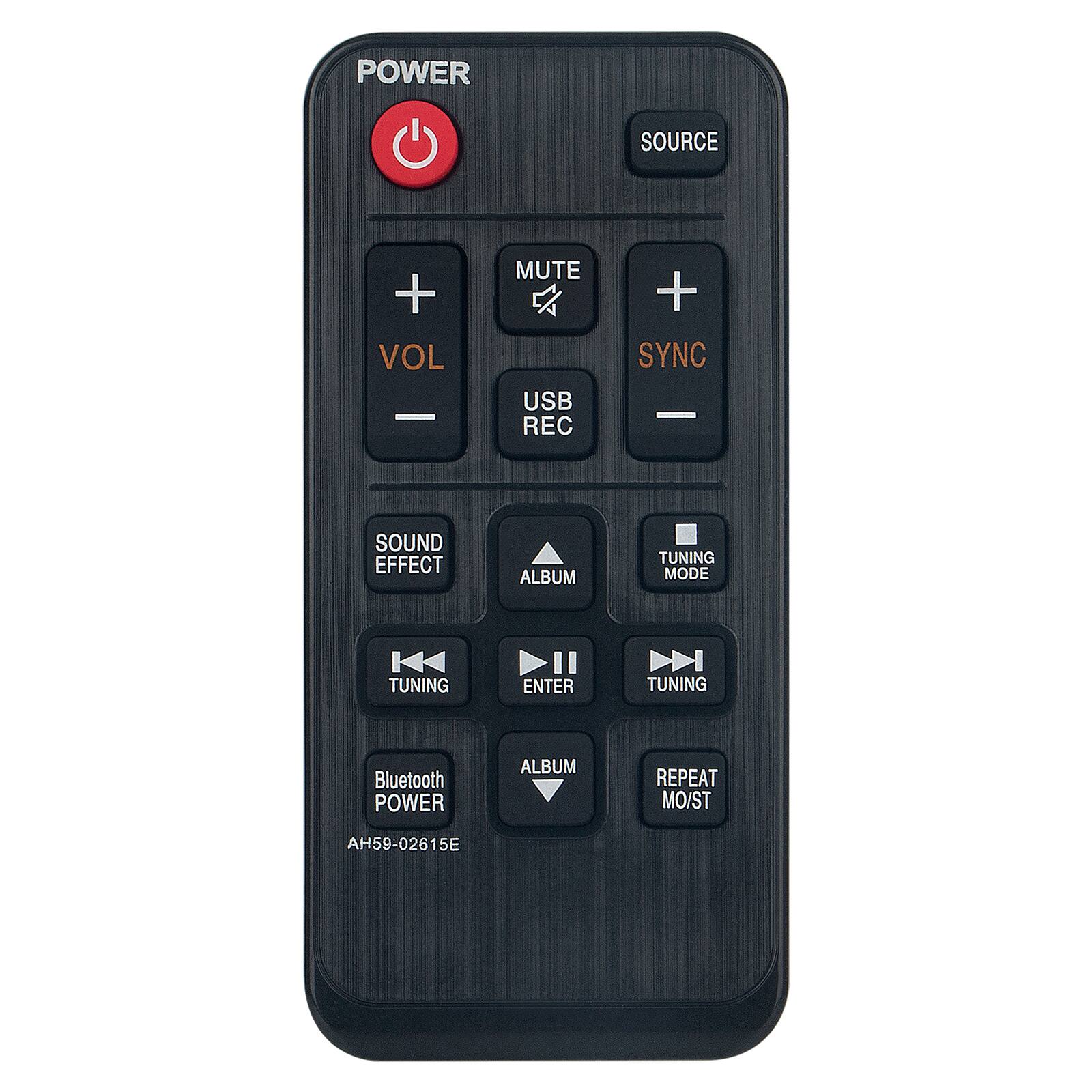 POWER SOURCE + VOL MUTE USB REC + SYNC SOUND EFFECT ALBUM TUNING MODE TUNING ENTER TUNING Bluetooth POWER ALBUM REPEAT MO/ST AH59-02615E