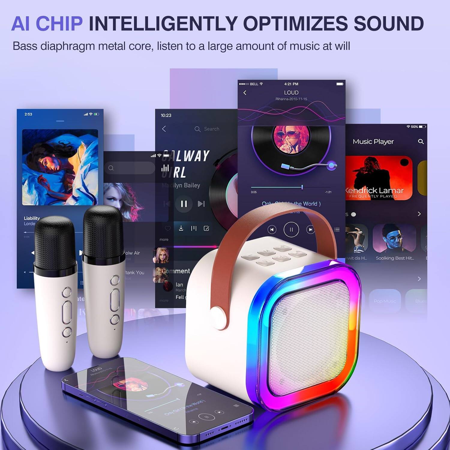 AI CHIP INTELLIGENTLY OPTIMIZES SOUND  
Bass diaphragm metal core, listen to a large amount of music at will  

BELL 4:21 PM LOUD  
Rihanna - 2010.51.5  

ALWAY RL  
Madilyn Bailey - 10:23  

Music Player  
Kendrick Lamar - FREQUENTLY PLAYED  

wit da H. - Soolking Best Hit...  

Liability  
Lorde  

Slow Air  
Thank You  
Ian Marcellus - Fell in Love  

Comment  
Marcellus - Phone