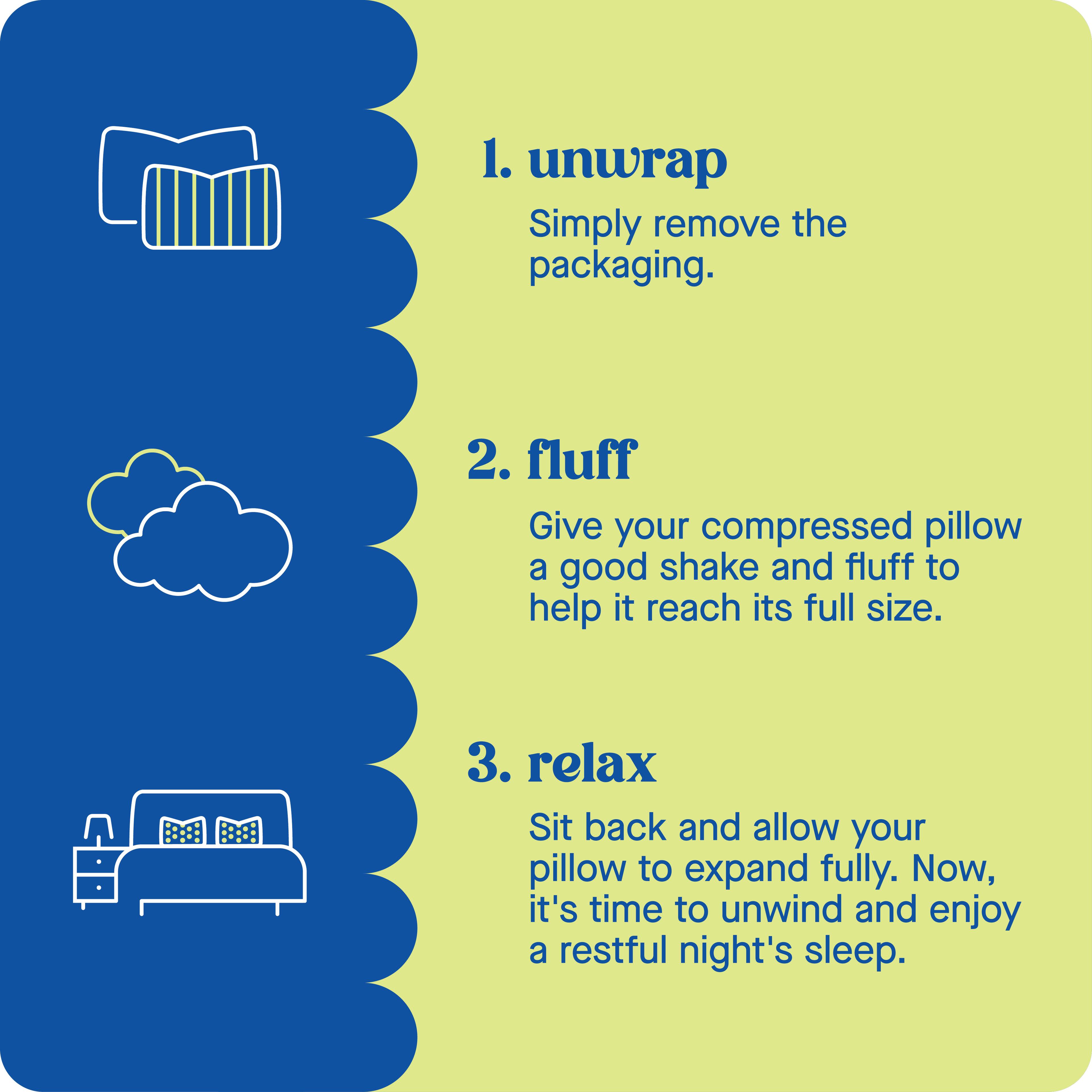1. Unwrap  
   Simply remove the packaging.

2. Fluff  
   Give your compressed pillow a good shake and fluff to help it reach its full size.

3. Relax  
   Sit back and allow your pillow to expand fully. Now, it's time to unwind and enjoy a restful night's sleep.