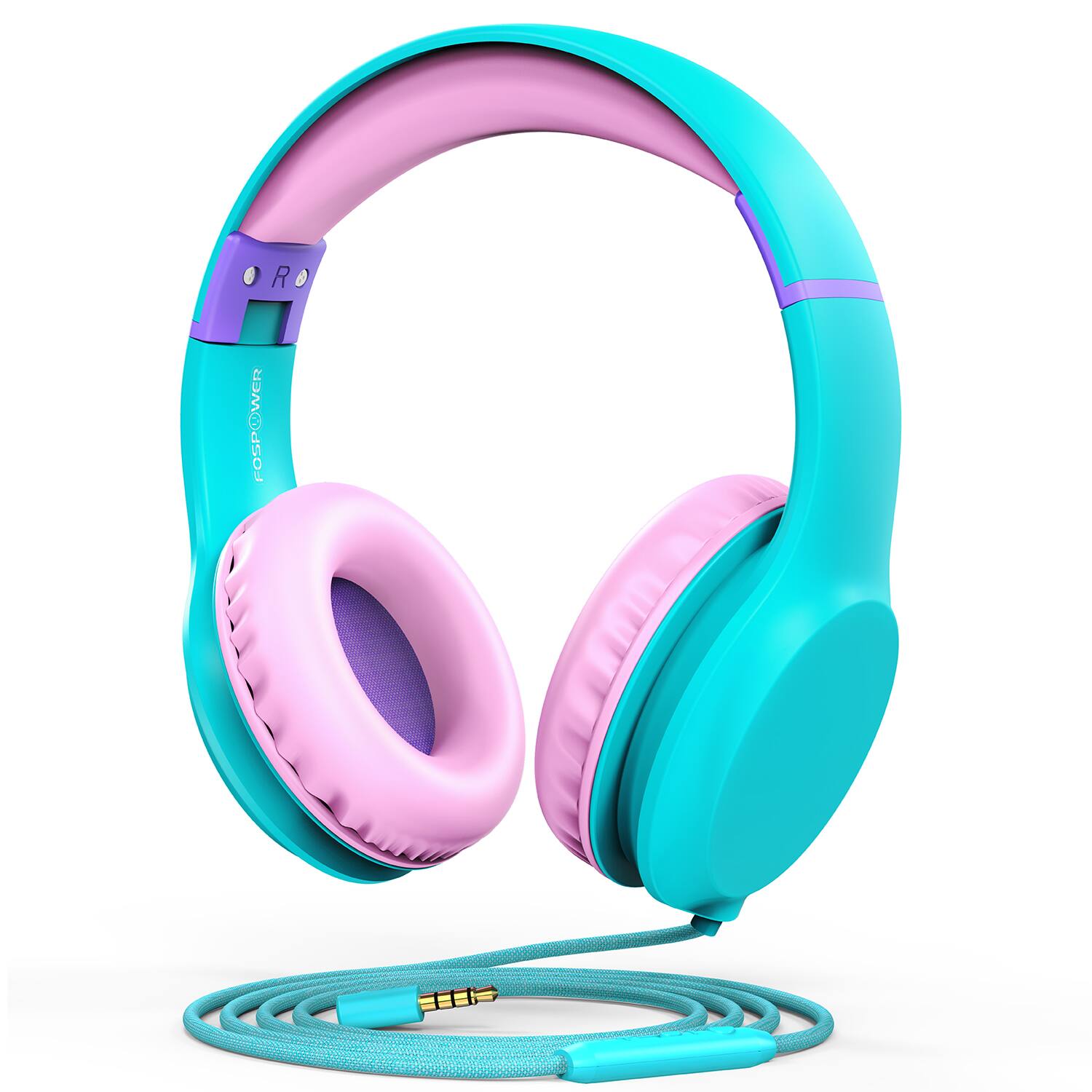 FosPower - Kids Headphones Wired Microphone, Over Ear Headphones for Kids with Cord, Kids Headset with 3.5mm, Mint/Pink - Multicolored