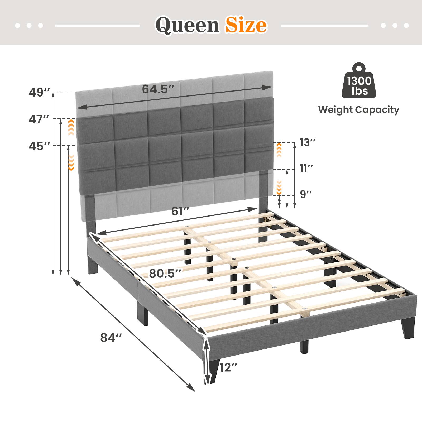 Queen Size, 49", 47", 64.5", 1300 Ibs Weight Capacity, 45", 13", 11", 61", 9", 80.5", 84", 12"