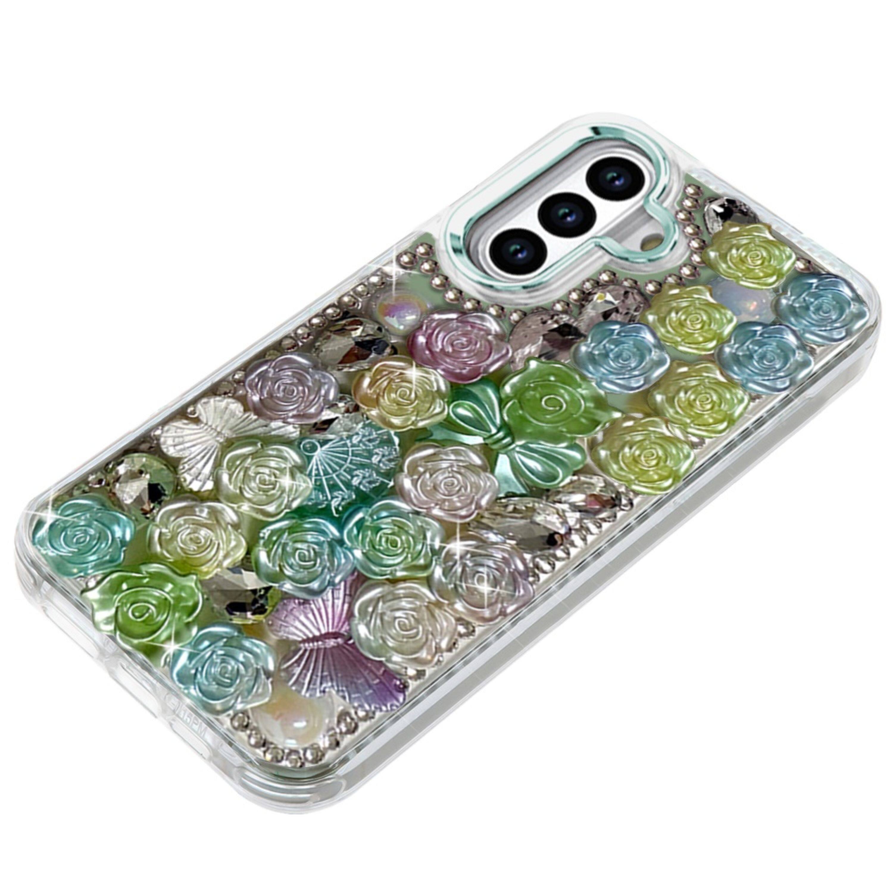 Angle. Kitcheniva - Roses Arrangement 3D Bling Phone Cover Plus Tempered Glass For Samsung S26 FE Green - Green.