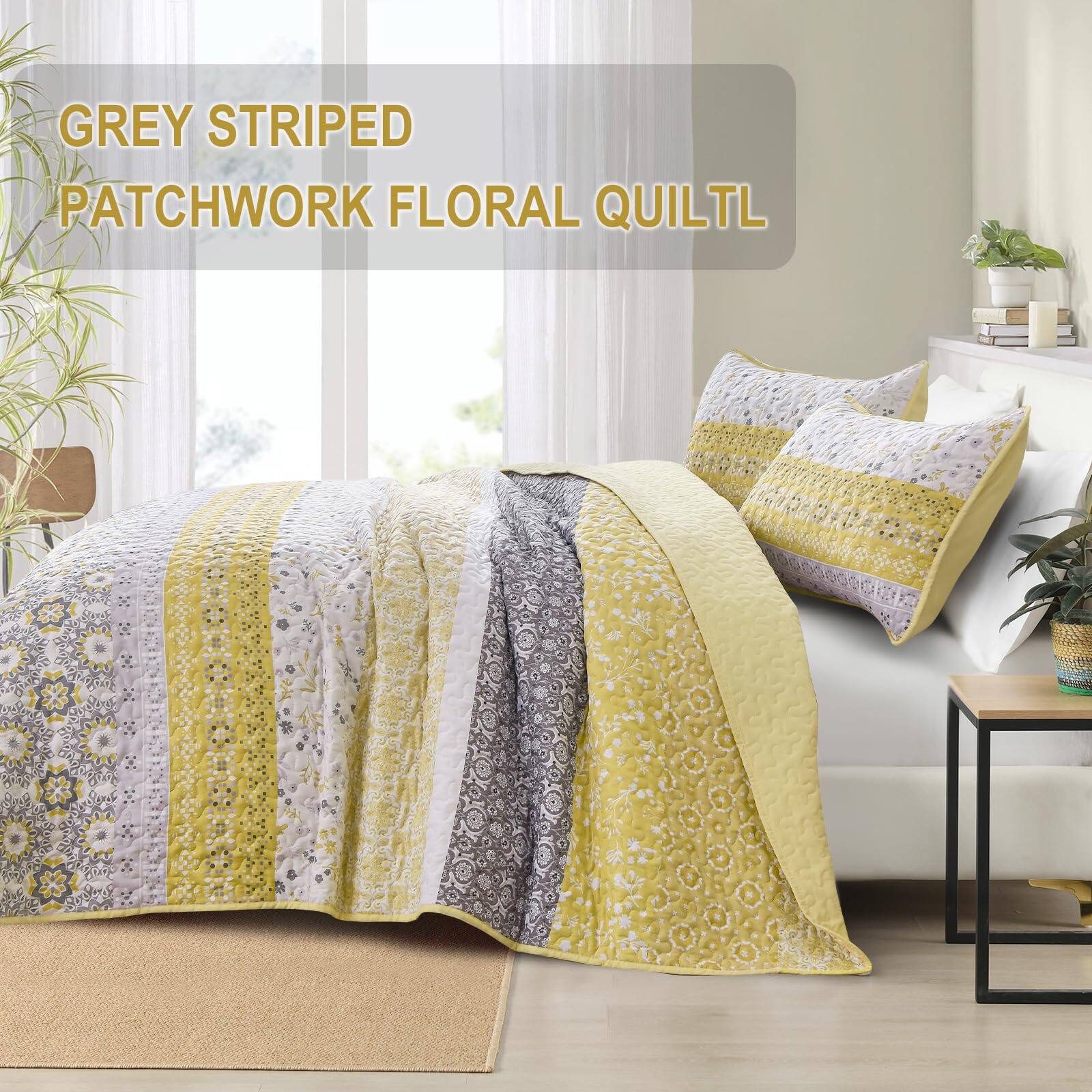 GREY STRIPED PATCHWORK FLORAL QUILT