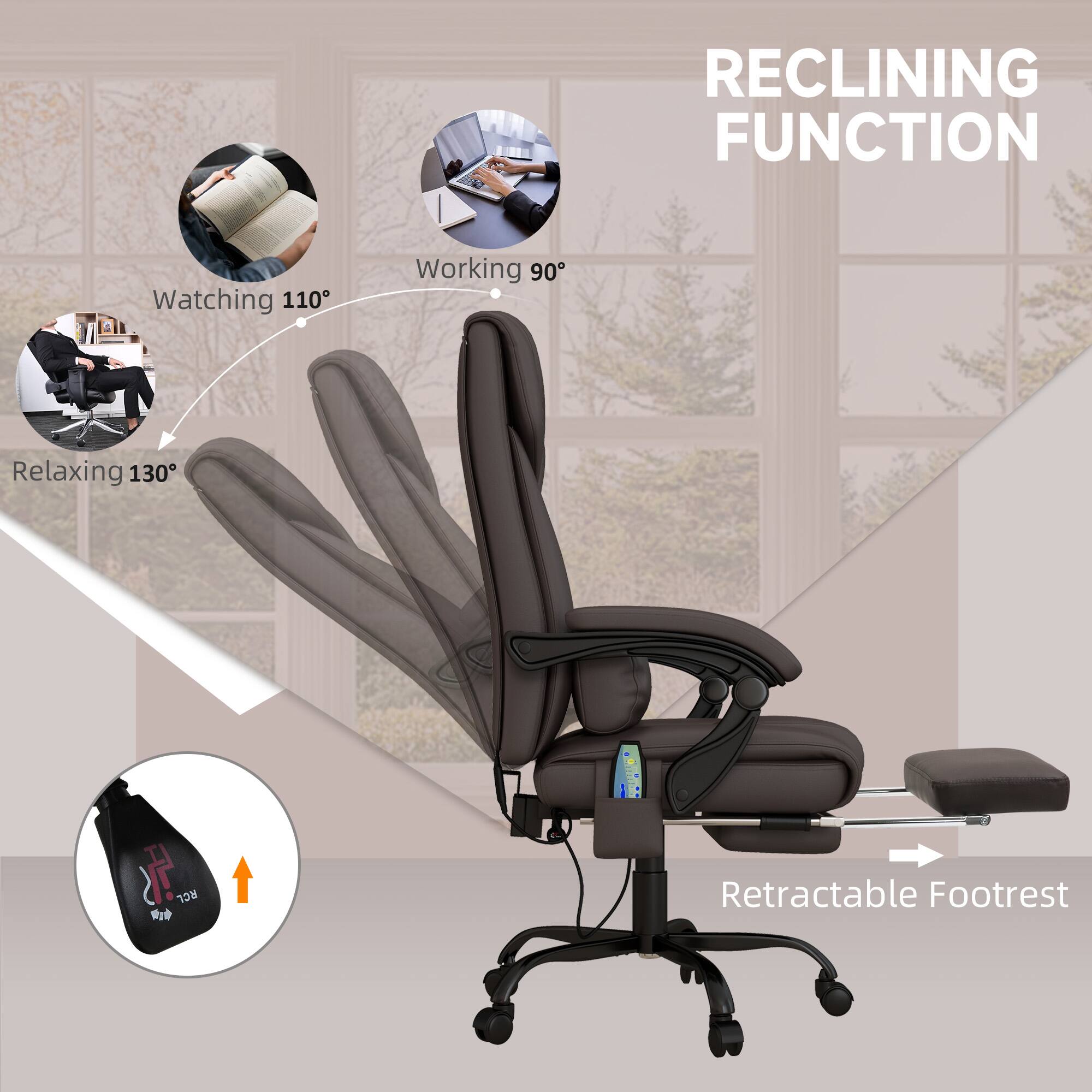 RECLINING FUNCTION, Watching 110, Working 90, Relaxing 130, Retractable Footrest