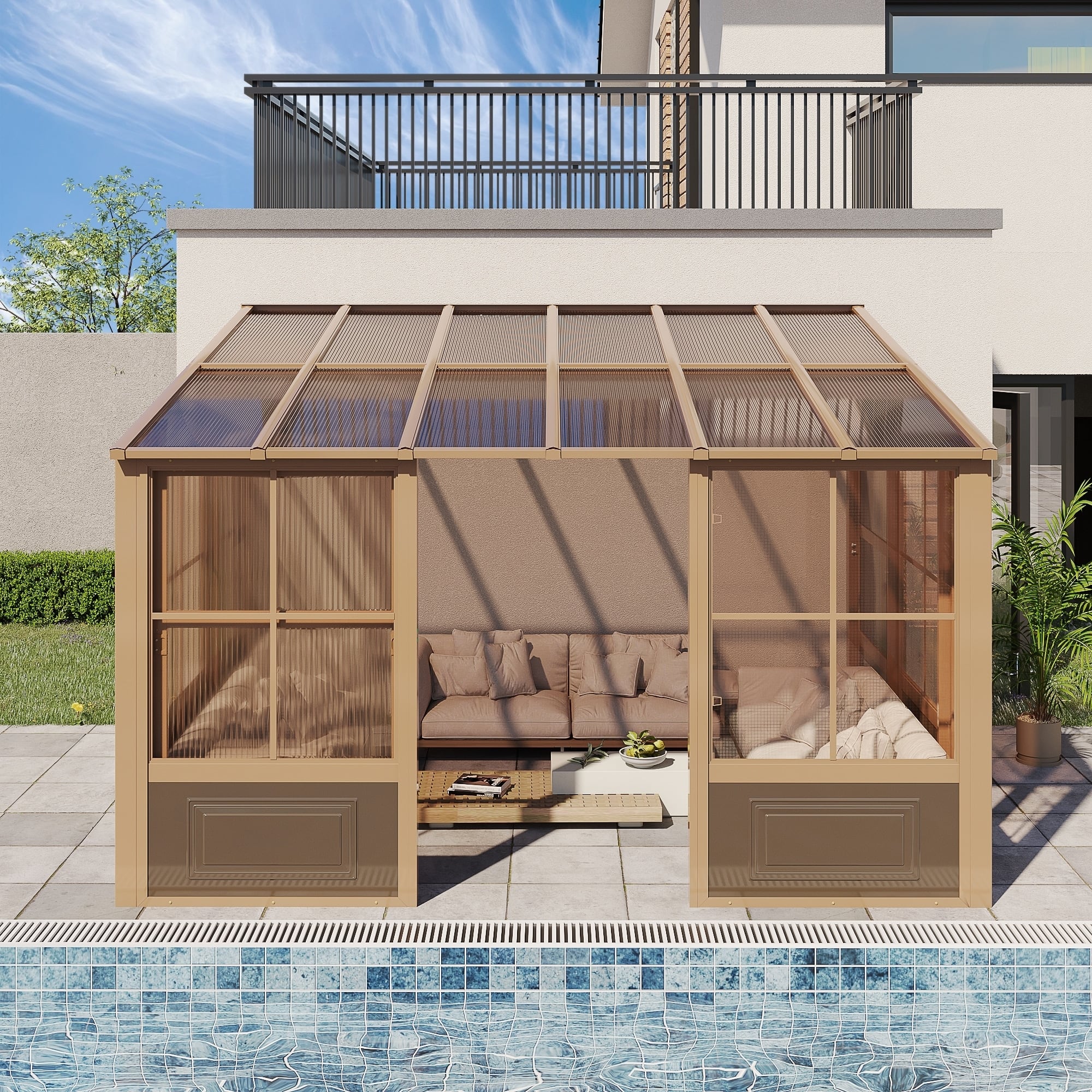 U-HOMY - 10'x12' Wall Mounted Sunroom with Sliding Doors, All-Season Aluminum Patio Gazebo, Outdoor Permanent Sunroom Shelter - Brown