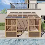 Front. U-HOMY - 10'x12' Wall Mounted Sunroom with Sliding Doors, All-Season Aluminum Patio Gazebo, Outdoor Permanent Sunroom Shelter - Brown.