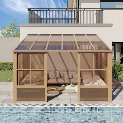 Front. U-HOMY - 10'x12' Wall Mounted Sunroom with Sliding Doors, All-Season Aluminum Patio Gazebo, Outdoor Permanent Sunroom Shelter - Brown.