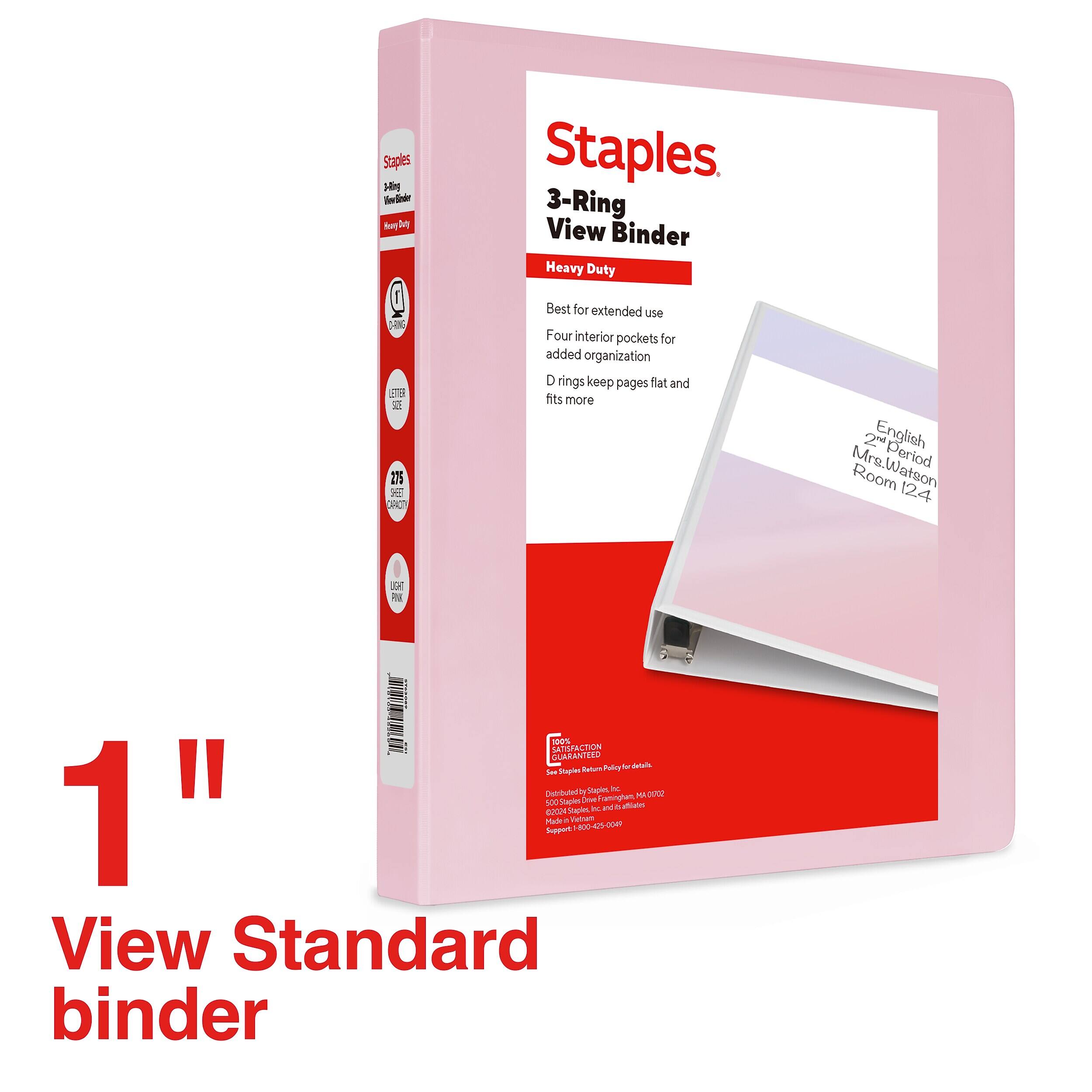 Staples 3-Ring View Binder Heavy Duty  
D-RING 275  
Best for extended use  
Four interior pockets for added organization  
D rings keep pages flat and fits more  

2nd English Period Room Mrg.Watson 124  

100% SATISFACTION GUARANTEED Policy & details See Staples Return Policy  
Distributed by Staples, Inc. Framingham, MA 01701  
1-800-333-3330  
Made in Vietnam  

1"  
View Standard binder
