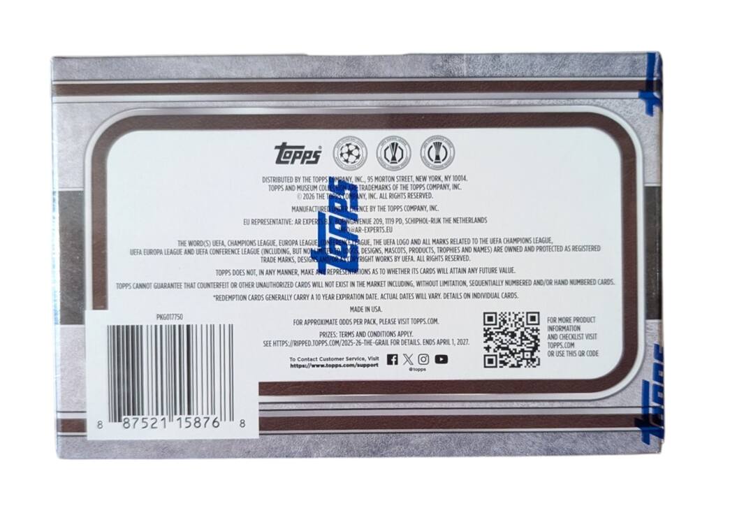 topps DISTRIBUTED BY THE TOPPS INC., 95 MORTON STREET, NEW YORK, NY 10014. TOPPS AND MUSEUM TRADEMARKS OF THE TOPPS COMPANY, INC. 2026 THE INC. ALL RIGHTS RESERVED. MANUFACTURED BY THE TOPPS COMPANY, INC. EU REPRESENTATIVE: AR EXPER 209, 1119 SCHIPHOL-RIJK THE NETHERLANDS D@AR-EXPERTS.EU THE WORD(S) UEFA, CHAMPIONS LEAGUE, EUROPA LEAGUE THE UEFA LOGO AND ALL MARKS RELATED TO THE UEFA CHAMPIONS LEAGUE, CONFERENCE LEAGUE BUT DESIGNS, MASCOTS, PRODUCTS, TROPHIES AND NAMES) ARE OWNED AND PROTECTED AS REGISTERED UEFA EUROPA LEAGUE AND UEFA (INCLUDING, TRADE MARKS, DESIGNS COPYRIGHT WORKS BY UEFA. ALL RIGHTS RESERVED. TOPPS DOES NOT, IN ANY MANNER, MAKE ANY AS TO WHETHER ITS CARDS WILL ATTAIN ANY FUTURE VALUE. OTHER UNAUTHORIZED CARDS WILL NOT EXIST IN THE MARKET INCLUDING, WITHOUT LIMITATION, SEQUENTIALLY NUMBERED HAND NUMBER