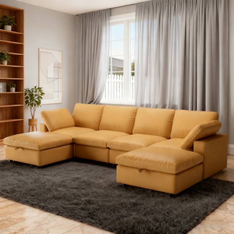 Front. Vipbear - 130" Oversized L Shaped Modular Sectional Faux Leather Sofa,Modern Deep Seat Sectional,Comfy Scratch Resistant Material - Brown.