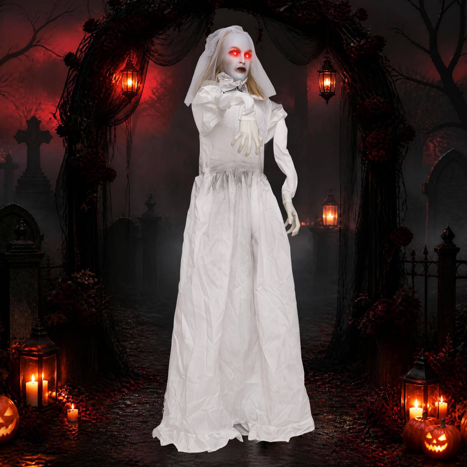 Alt View 3. Costway - Costway Life-size Bride-to-Hag Halloween Animatronics with Glowing Eyes, Creepy Sounds - White.