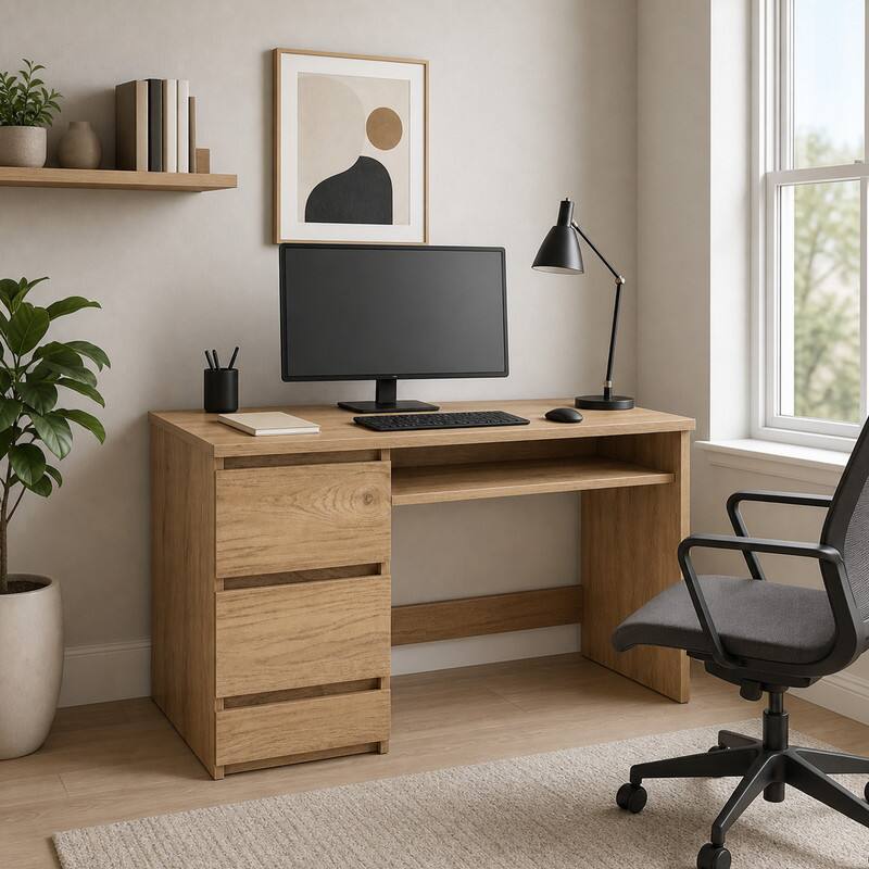 Alt View 4. WELLFOR - 42 in Computer Desk with 3 Drawers & USB Power Outlets, Wood Home Office Desk - Natural.