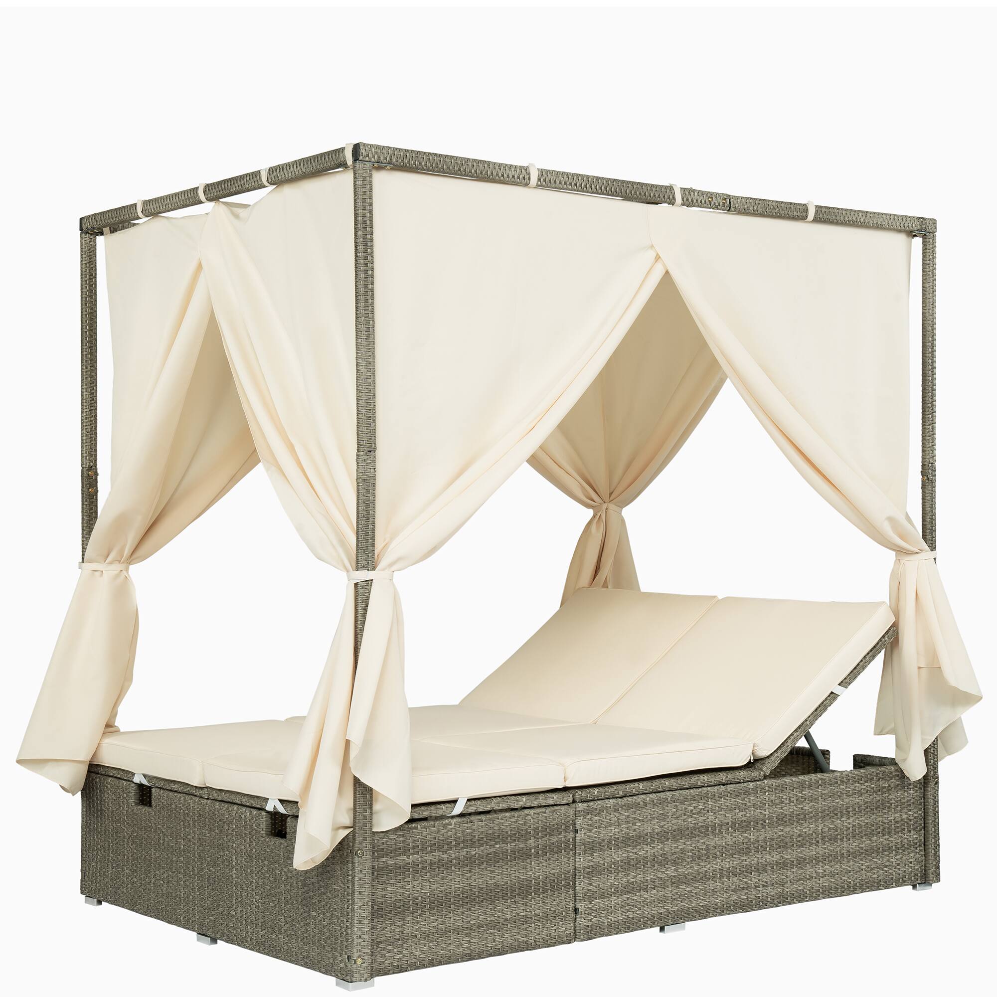 Left. Mondawe - Outdoor Adjustable Sun Lounger with Canopy, Recline and Removable Cushion - Beige.