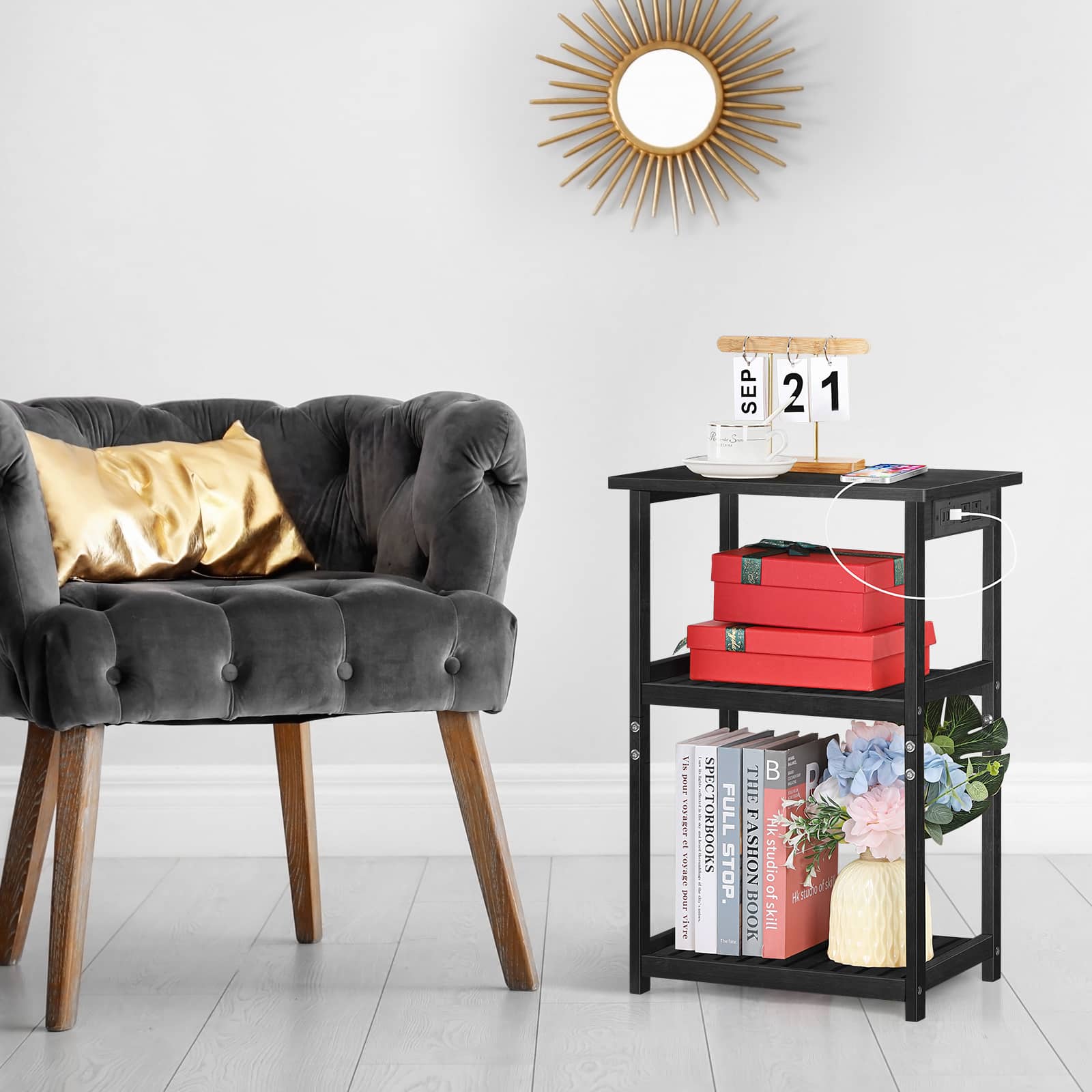 Photos - Storage Сabinet Oumilen - Bamboo 3-Tier End Table with Built-in Charging Station - Black OBBY-SUM243