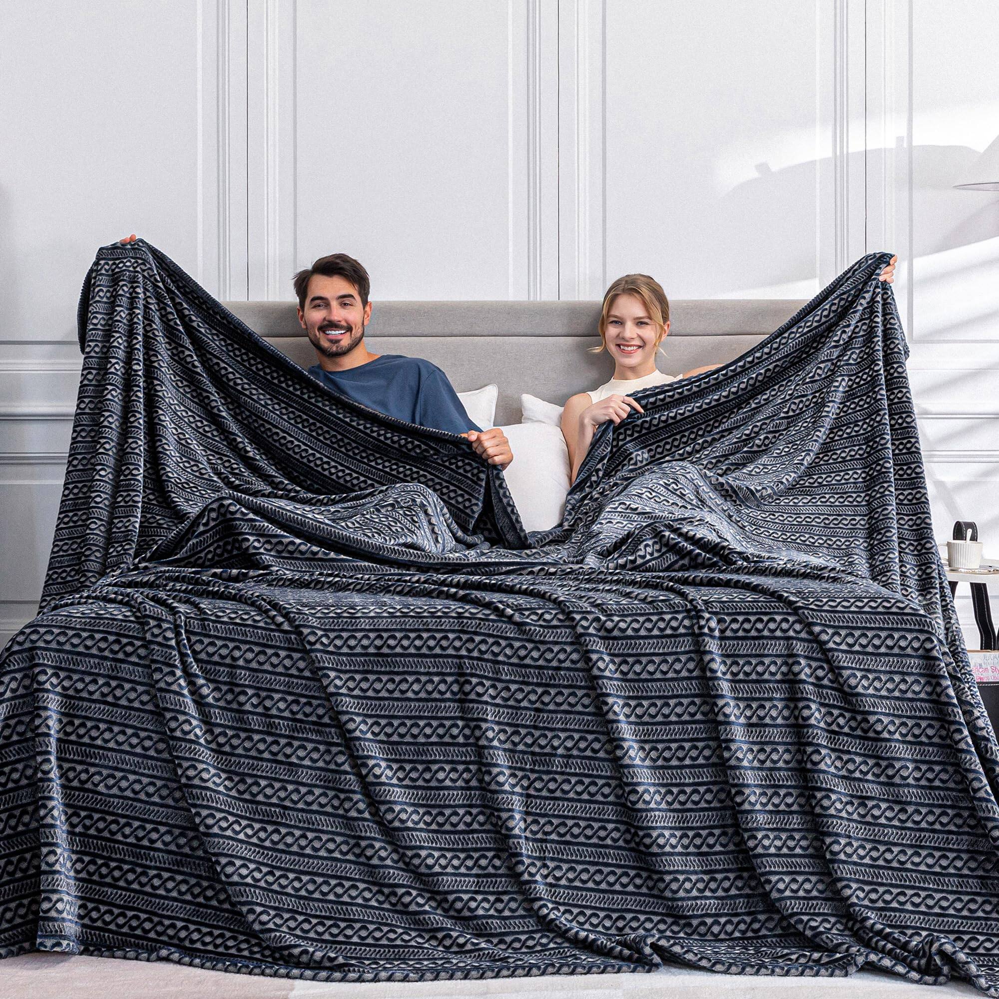 Alt View 1. NICHOLAS KLEIN - Soft Cozy 120x120 Inches Seamless Oversized King Fleece Blanket 3d Jacquard Decorative Giant 10'x10' Califo... - Striped Khaki 120"x120".