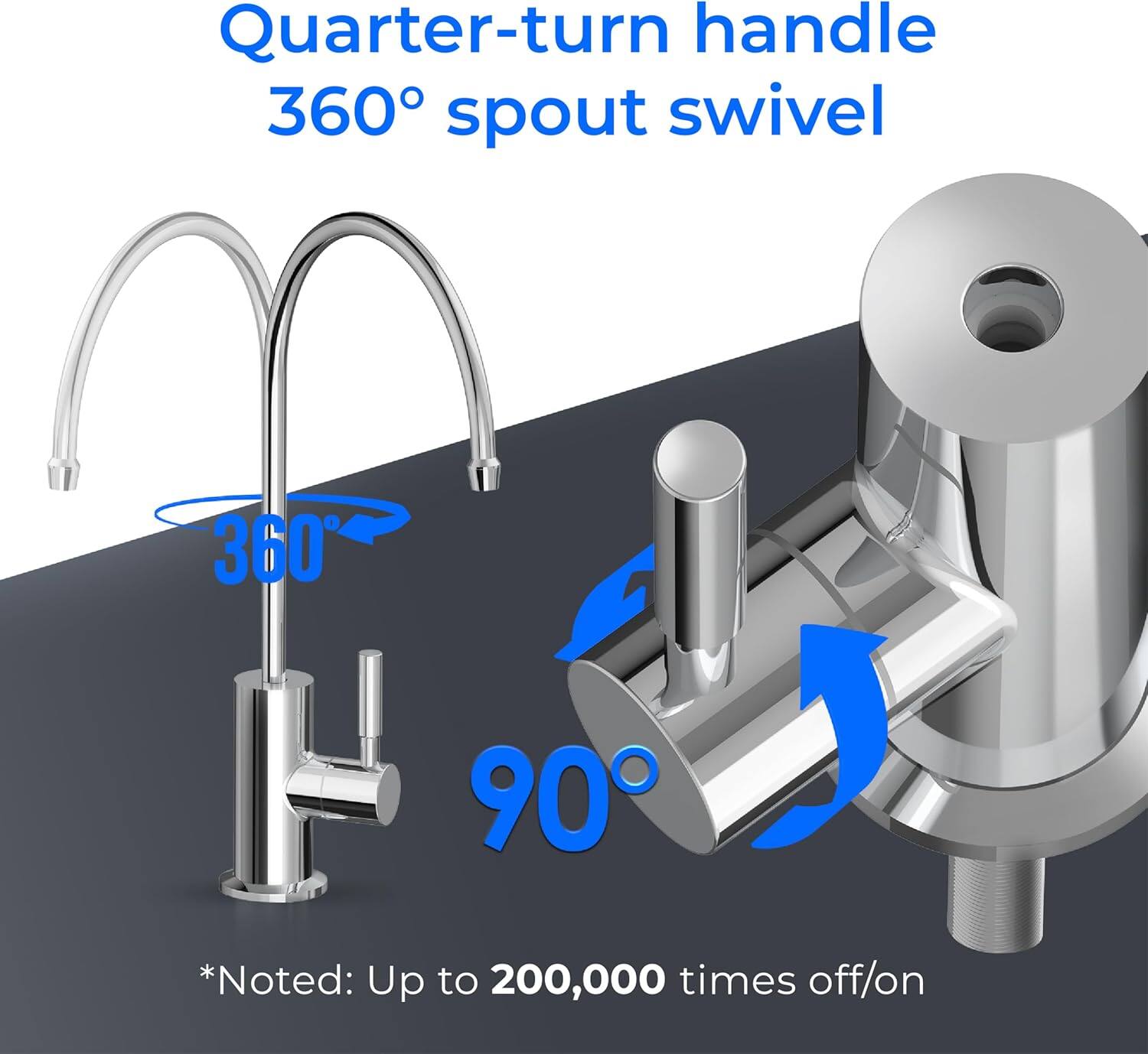 Quarter-turn handle  
360° spout swivel  

*Noted: Up to 200,000 times off/on