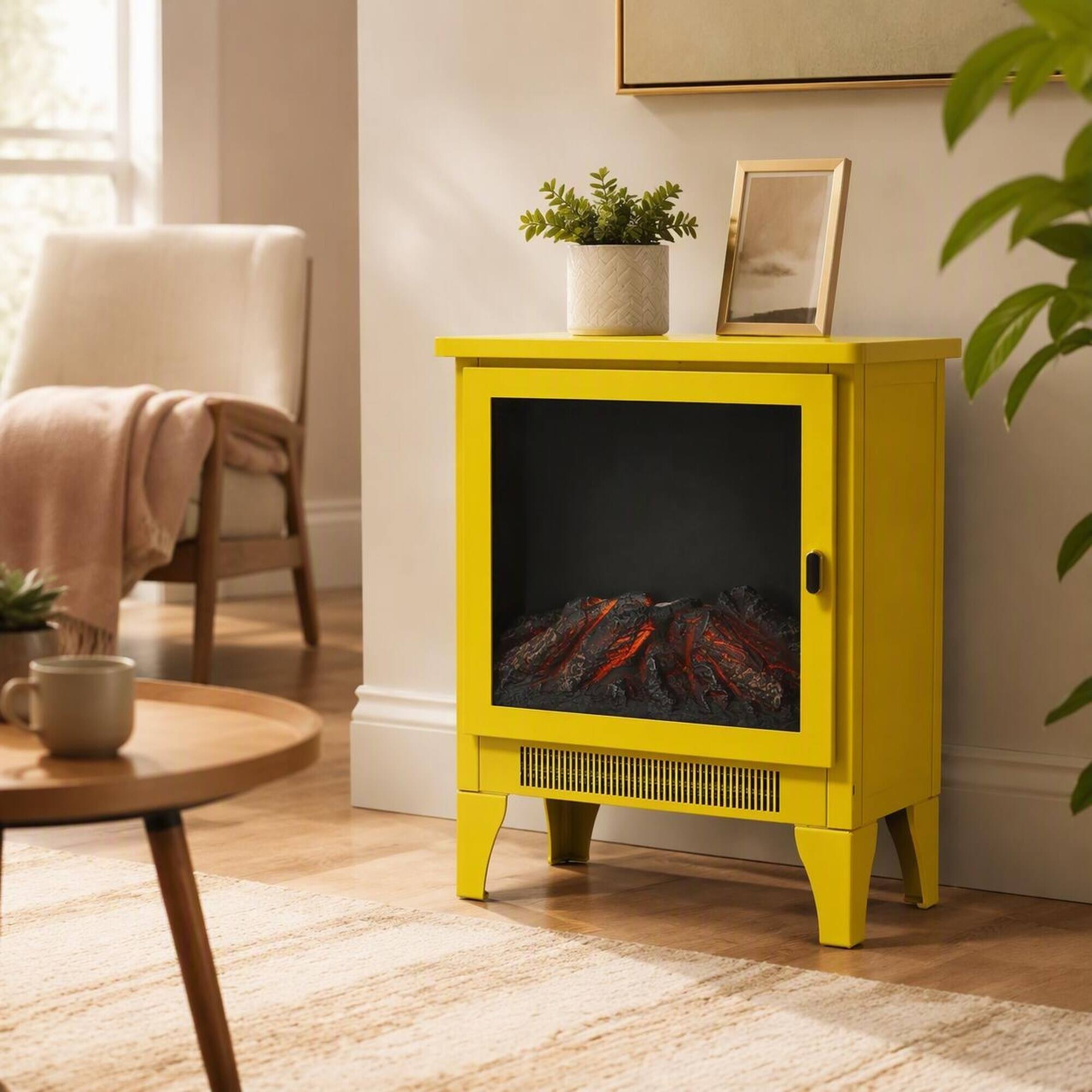 Left. RYHNUYNE - 18 Inch Lemon Yellow Freestanding Electric Fireplace Stove Heater, 3D Realistic Flame Effect For Home Decor - Bright yellow.