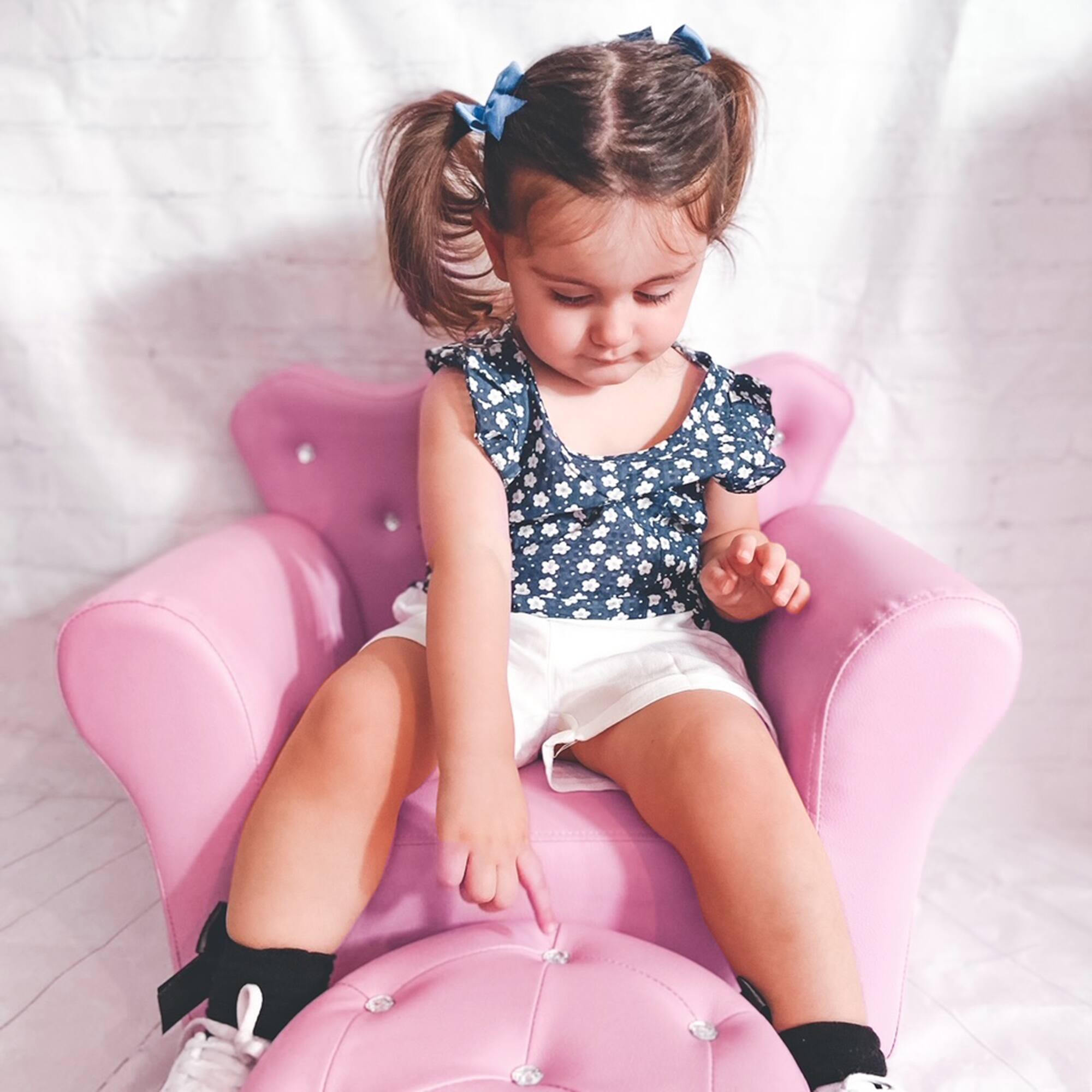 Alt View 5. Qaba - Kids Sofa Set, Children's Upholstered Sofa, Footstool, Princess Sofa, Diamond Decorations, Baby Sofa Chair, Toddlers - Pink.