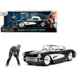 Jada - 1957 Chevrolet Corvette Black with White Top & Wolfman Diecast Figure "Universal Monsters" "Hollywood Rides" Series 1/24 - Black and White