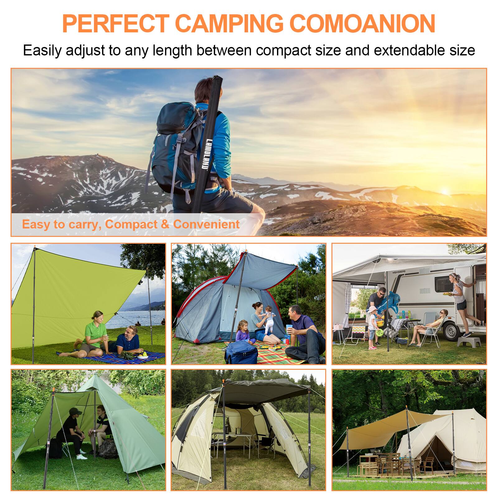 PERFECT CAMPING COMOANION  
Easily adjust to any length between compact size and extendable size  

Easy to carry, Compact & Convenient