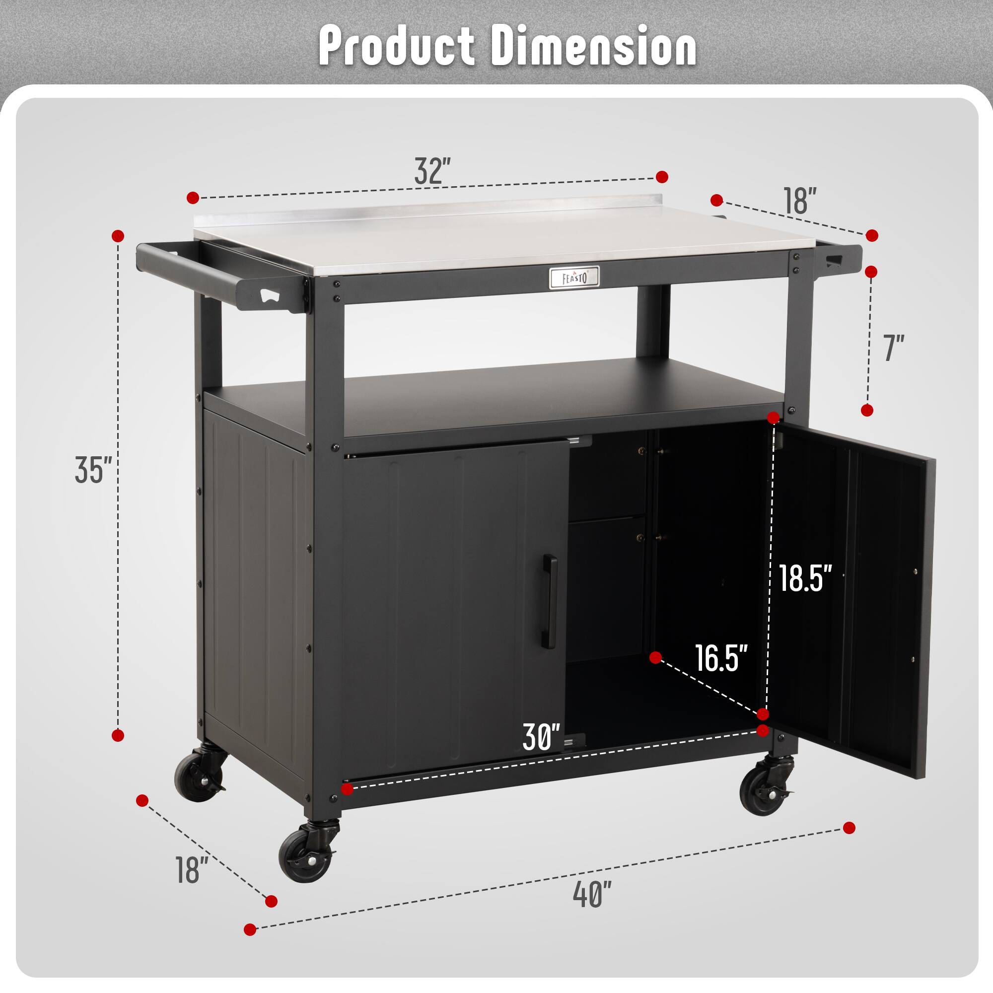 Product Dimension

- Length: 40"
- Width: 18"
- Height: 35"
- Top Surface: 32" x 18"
- Drawer: 18.5" x 16.5"
- Side Cabinet: 30" x 18"
- Overall Height: 7"