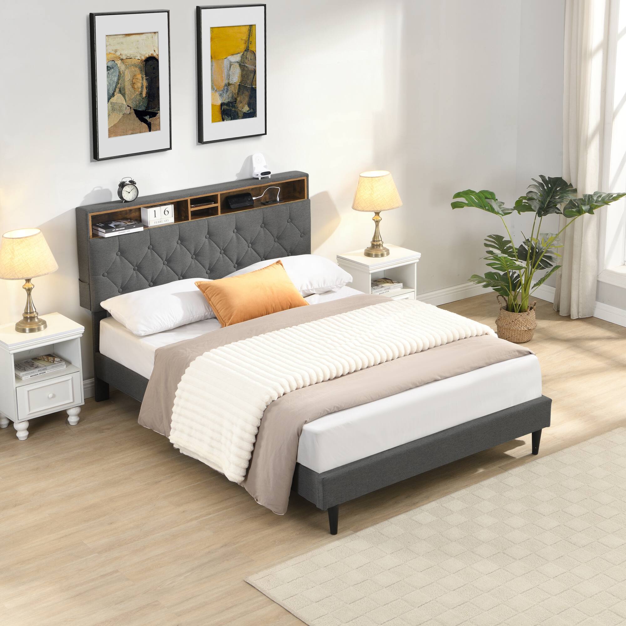 Left. GOODSILO - Queen-Size Upholstered Platform Bed Frame with Modern Button-Tufted Headboard and USB Charging Ports - Dark Gray.