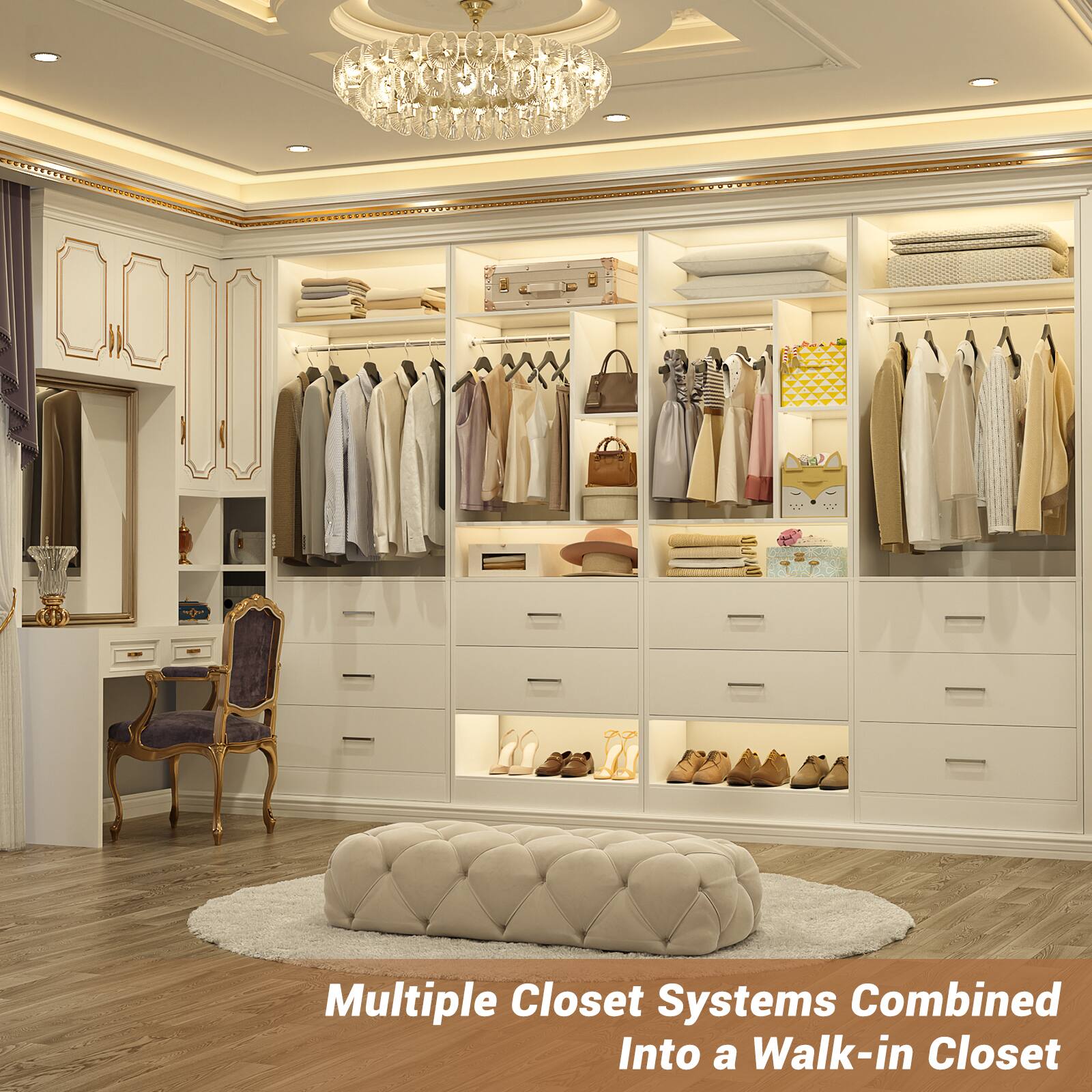 Multiple Closet Systems Combined Into a Walk-in Closet