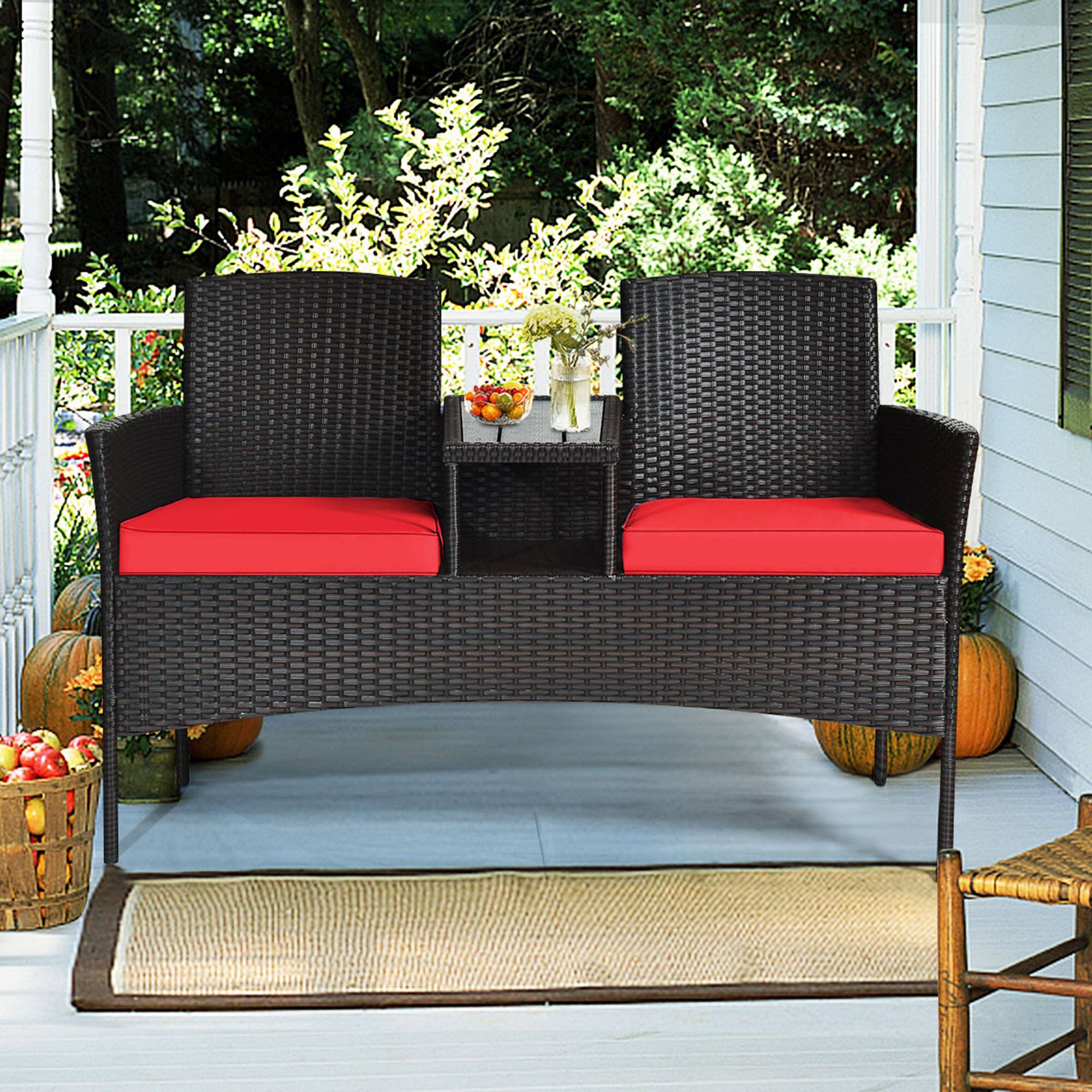 Alt View 3. Gymax - Gymax Patented Rattan Wicker Patio Conversation Set w/ Loveseat Table Red Cushion - Red.