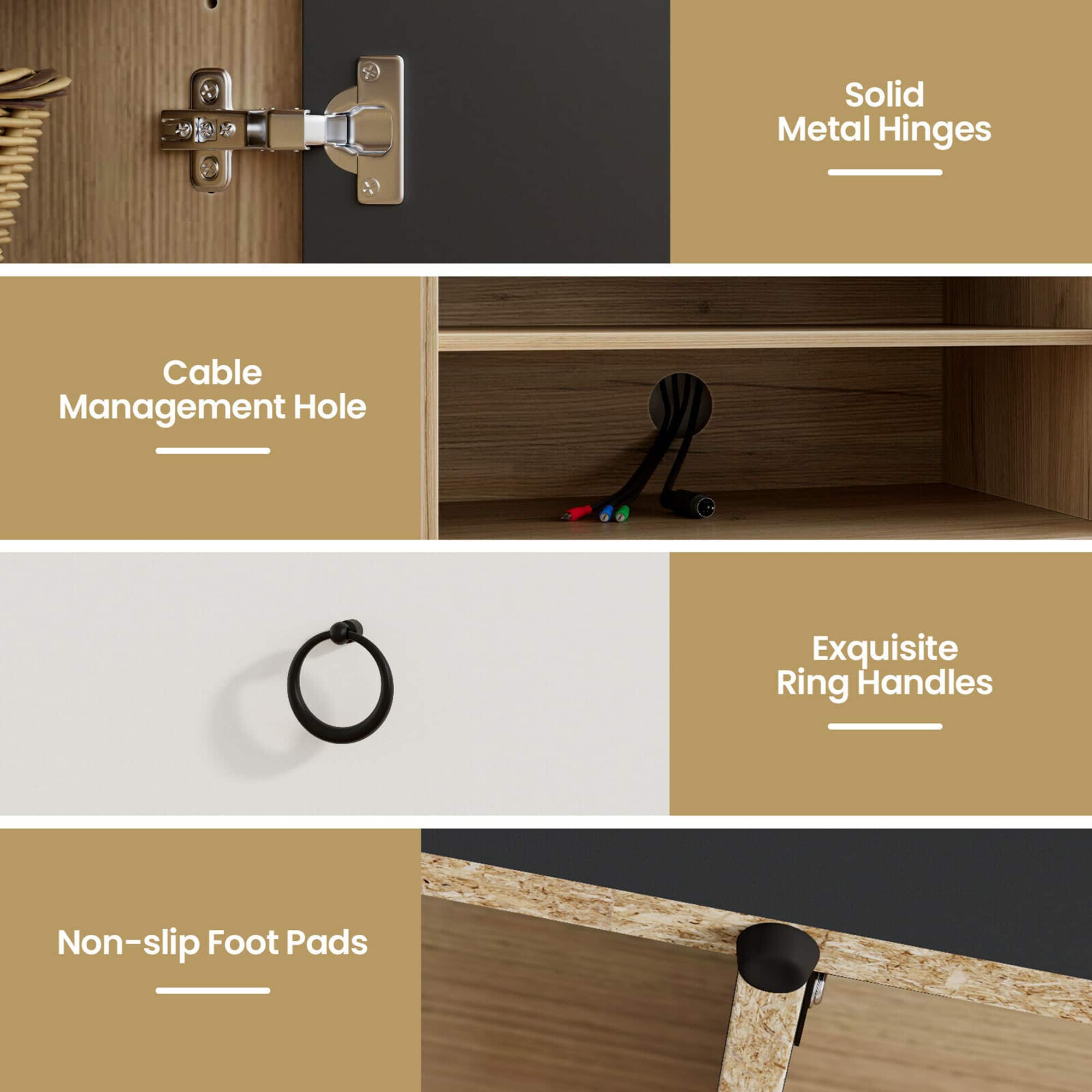 Solid Metal Hinges, Cable Management Hole, Exquisite Ring Handles, Non-slip Foot Pads