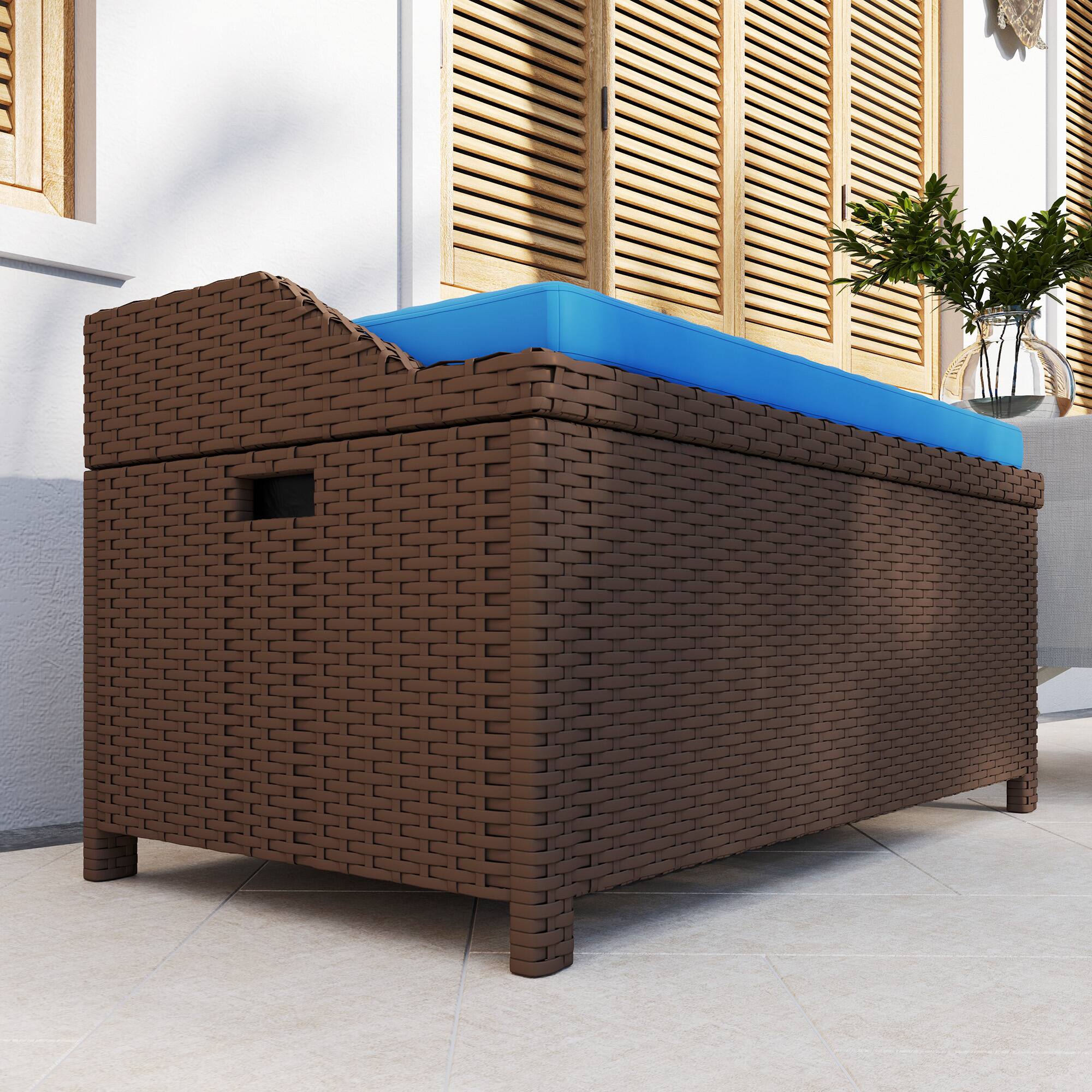 Alt View 8. Outsunny - 34 Gallon Outdoor Wicker Storage Bench Deck Box, PE Rattan Patio Furniture Pool Storage Bin Container - Blue.
