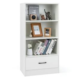 Pefilos - 48 Inch Tall 4 Tiers Wood Bookcase with Drawer- Tall Bookshelf, Shelves for Living Room, Home Office - White