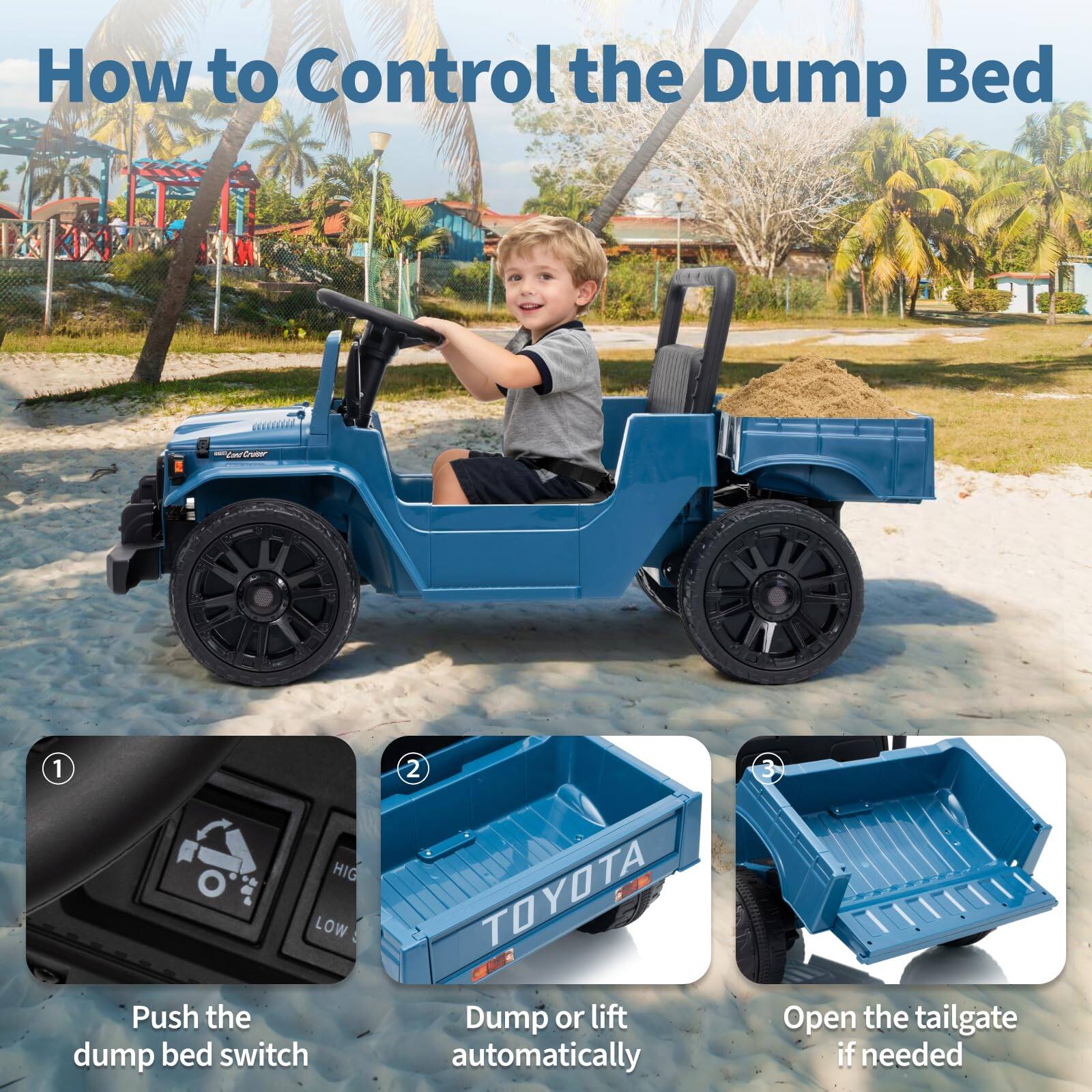 How to Control the Dump Bed

1. Push the dump bed switch
2. Dump or lift automatically
3. Open the tailgate if needed
