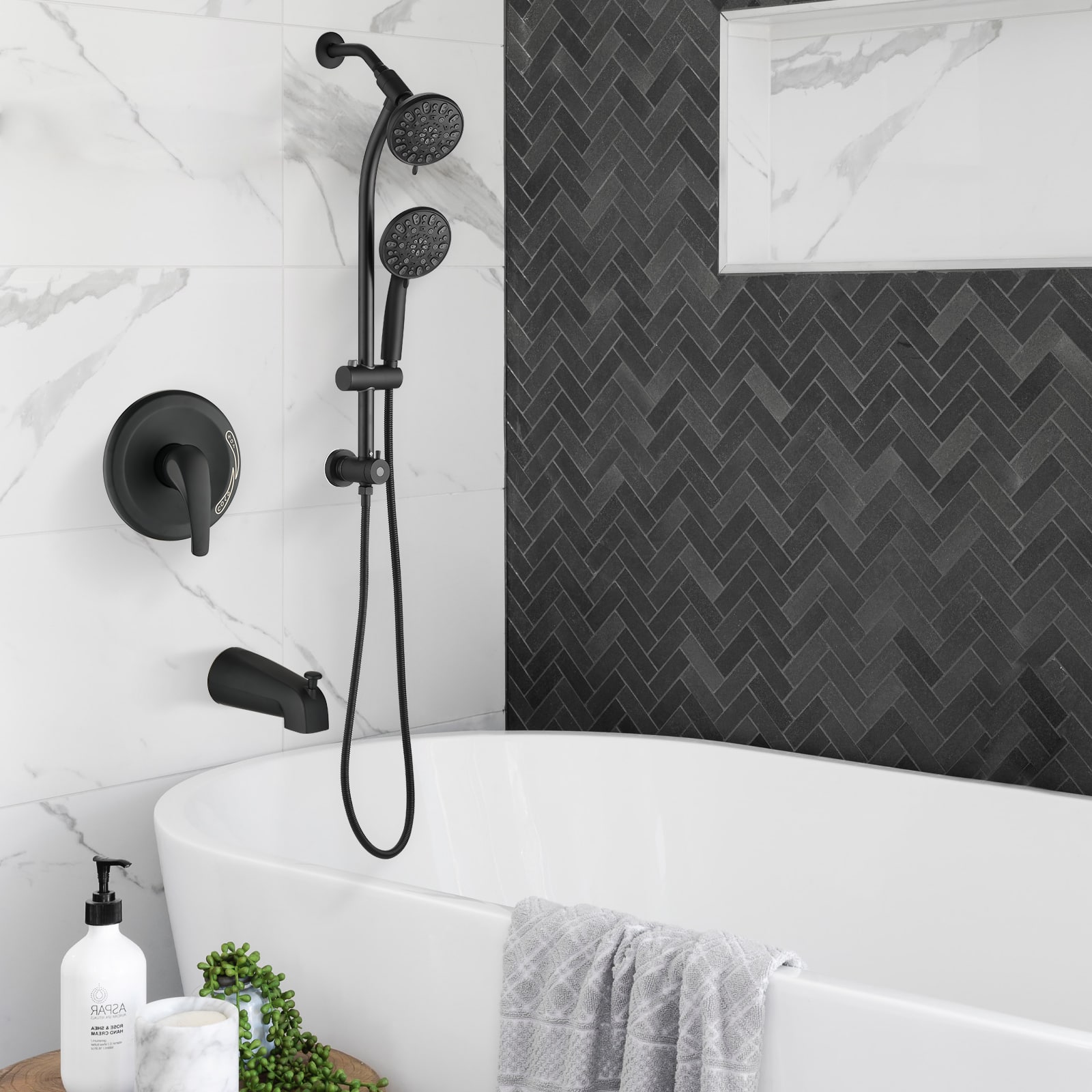 Akoasm - Shower Combo: Tool-Free 7-Spray Dual System with 48 Settings & Complete All-in-One Kit - Matte Black