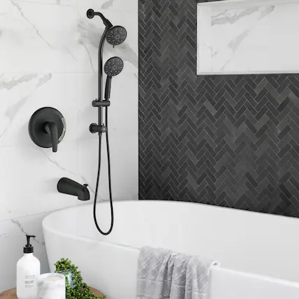 Front. Akoasm - Matte Black Shower Combo: Tool-Free 7-Spray Dual System with 48 Settings & Complete All-in-One Kit - Matte Black.