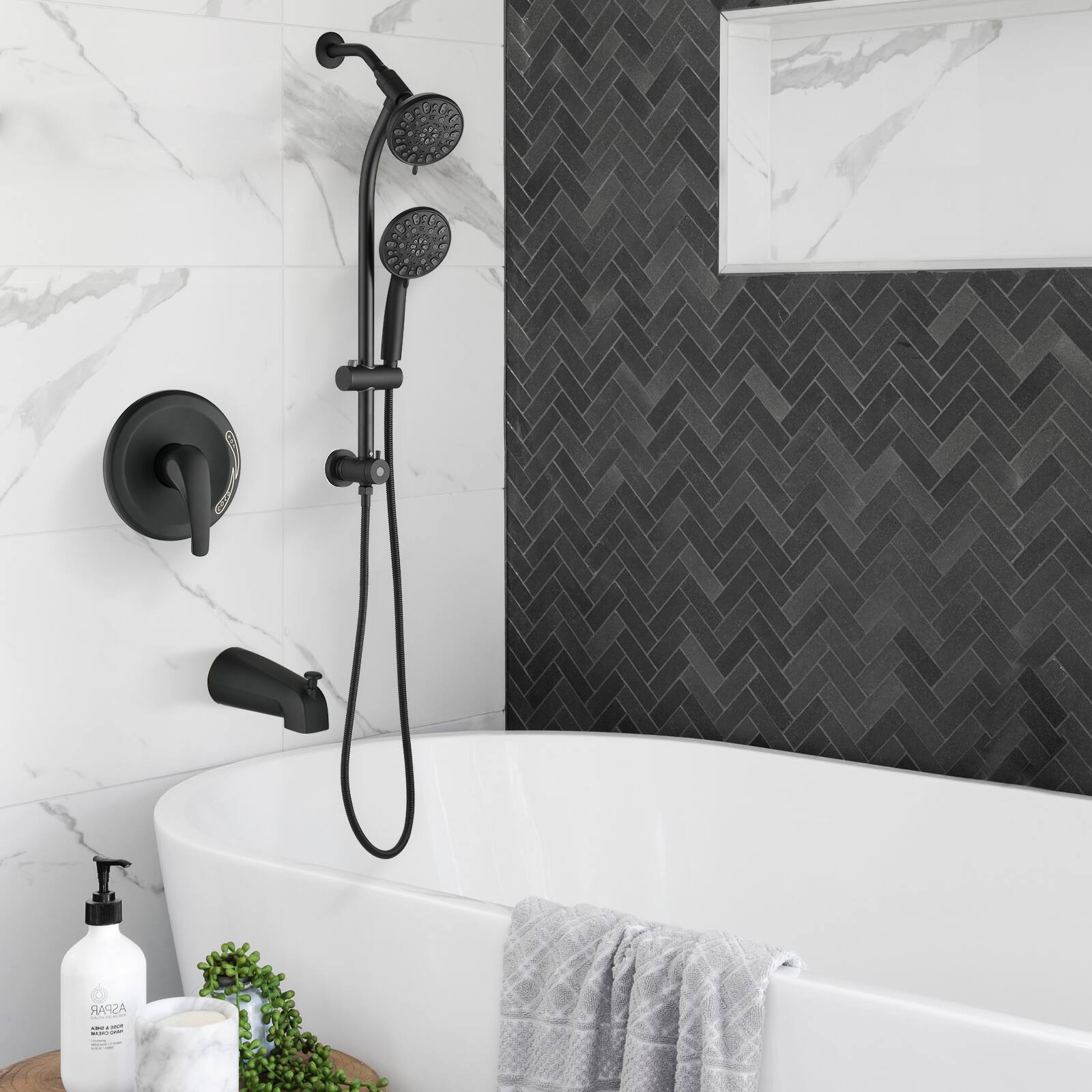 Front. Akoasm - Matte Black Shower Combo: Tool-Free 7-Spray Dual System with 48 Settings & Complete All-in-One Kit - Matte Black.