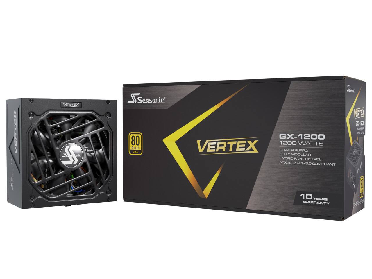 VEATEX VERTEX See 5ee IL RL Smle onic Seasonic 80 PLUS GOLD GX-1200 1200 WATTS VERTEX POWER SUPPLY FULLY MODULAR HYBRID FAN CONTROL ATX 3.0 / PCIe 5.0 COMPLIANT Semi ERTEX GX-1200 10 YEARS WARRANTY