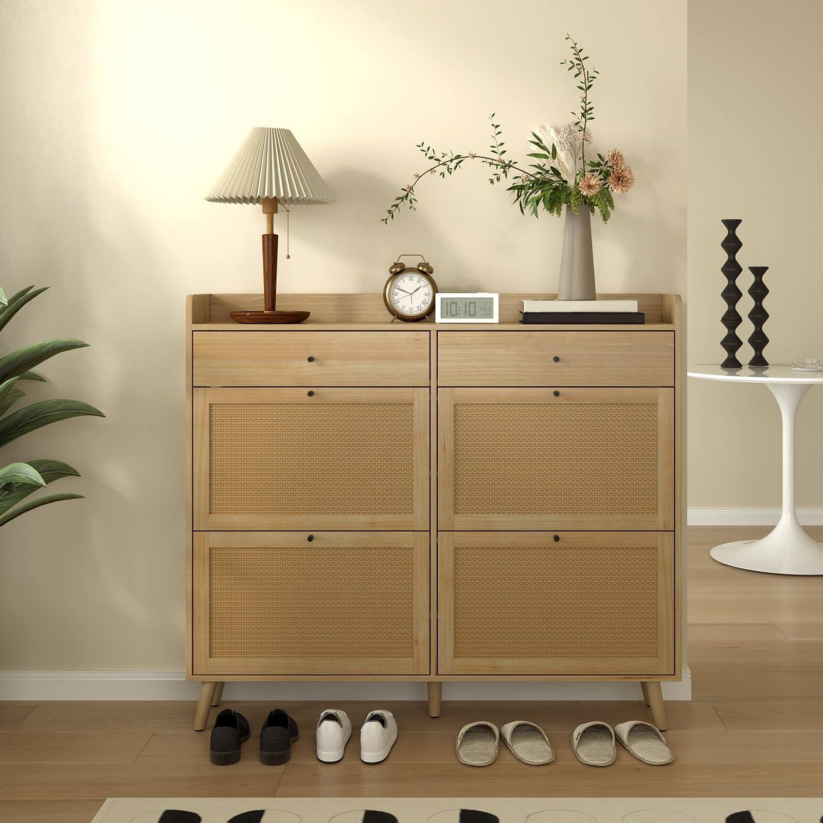Alt View 2. Babevy - Shoe Cabinet with 4 Rattan Flip Drawers & 2 Storage Drawers, Freestanding Hidden Shoe Organizer - Oak.