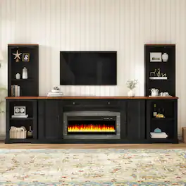 Whisen - 70-Inch 3-Piece TV Stand Set with Electric Fireplace Heater,Entertainment Center with Storage Bookshelves - Black