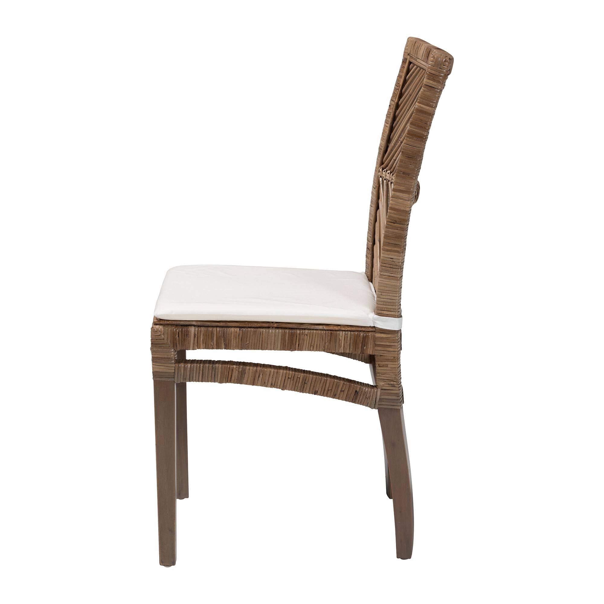 Left. bali & pari - Laluna Modern Bohemian Natural Rattan and Mahogany Dining Chair with Cushion - Greywashed/White.