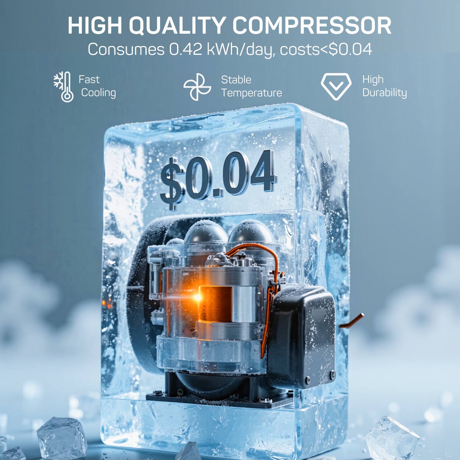 HIGH QUALITY COMPRESSOR  
Consumes 0.42 kWh/day, costs<$0.04  

Fast Cooling  
Stable Temperature  
High Durability  

$0.04