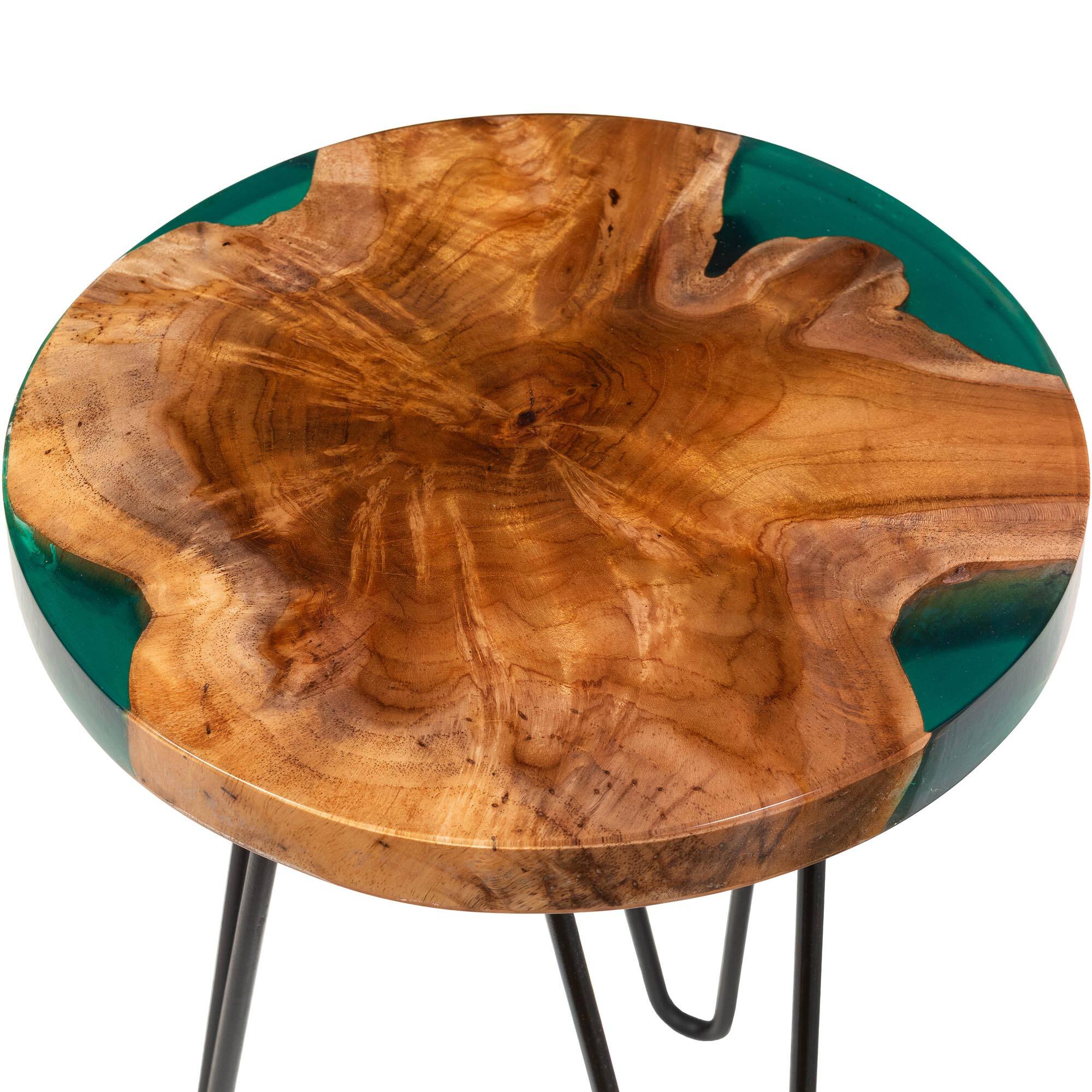 Left. bali & pari - Anan Teak Wood Epoxy Resin End Table - Round Live Edge Side Table with Black Metal Legs, Handcrafted, Round - Natural Brown/Green.