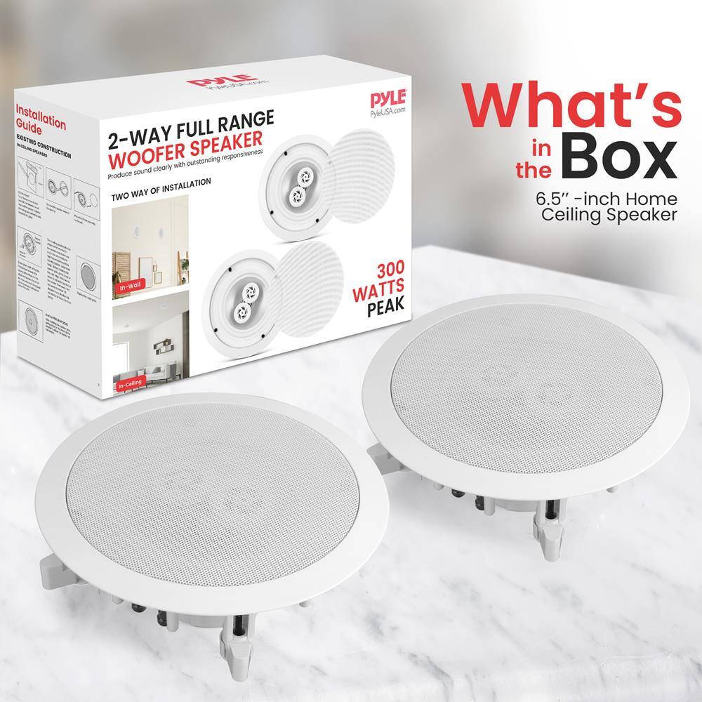 **Installation Guide**  
EXISTING CONSTRUCTION  
2-WAY FULL RANGE WOOFER SPEAKER  
Produce sound clearly with outstanding responsiveness  
TWO WAY OF INSTALLATION  
In-Wall  
In-Ceiling  

**What's in the Box**  
6.5"-inch Home Ceiling Speaker  
300 WATTS PEAK  

PYLE  
PyleUSA.com