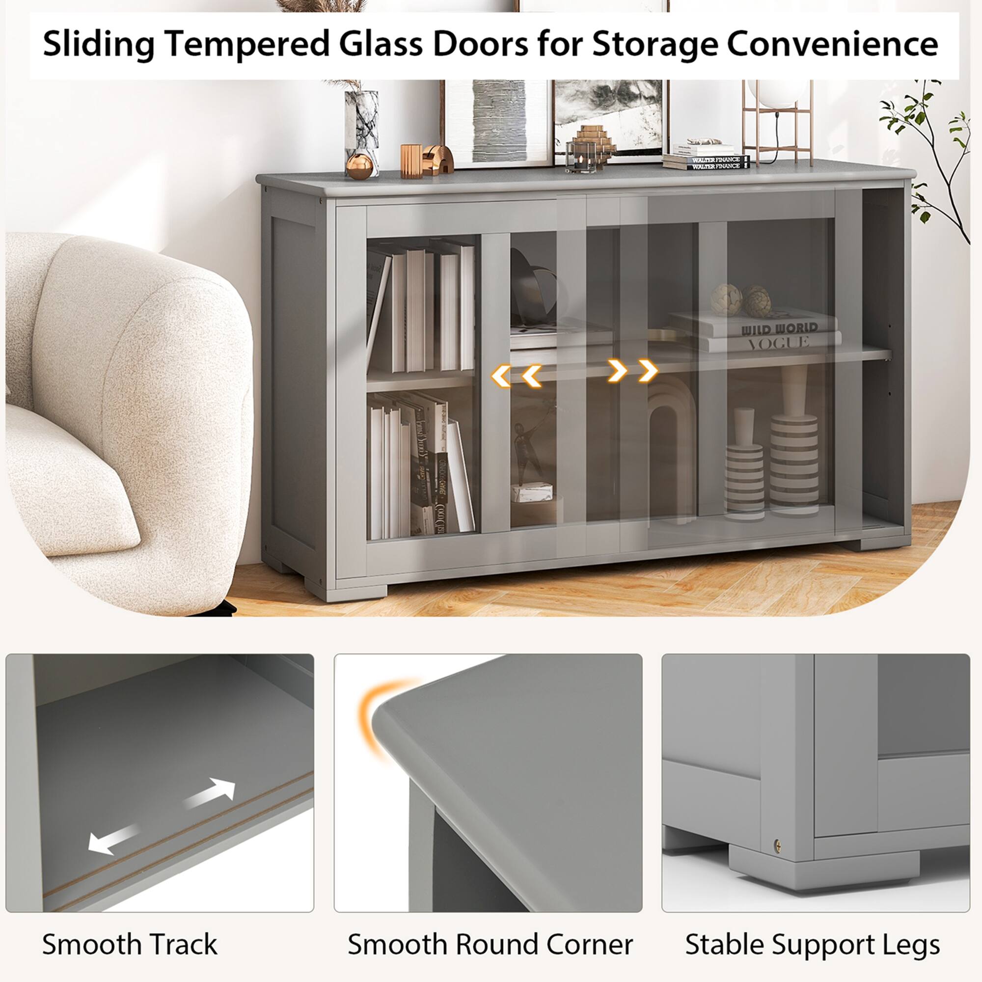 Sliding Tempered Glass Doors for Storage Convenience: AOS C ad WILD WORLD VOGEL Smooth Track Smooth Round Corner Stable Support Legs
