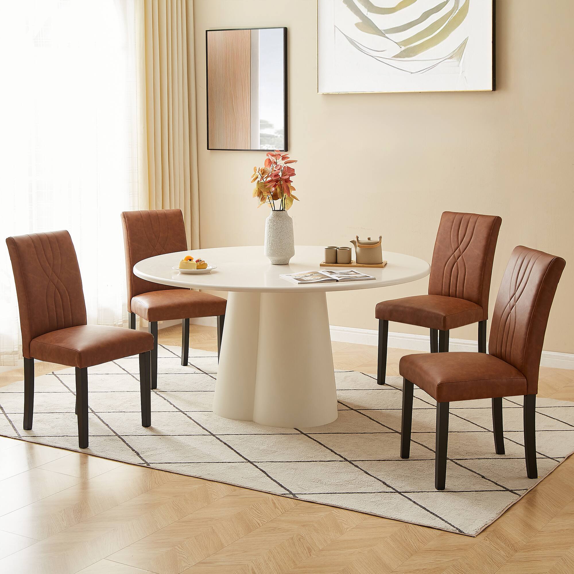 Angle. Vecelo - Set of 4 Upholstered Dining Chairs, Modern Linen Fabric Chair & High Back for Kitchen/Living Room - Brown.