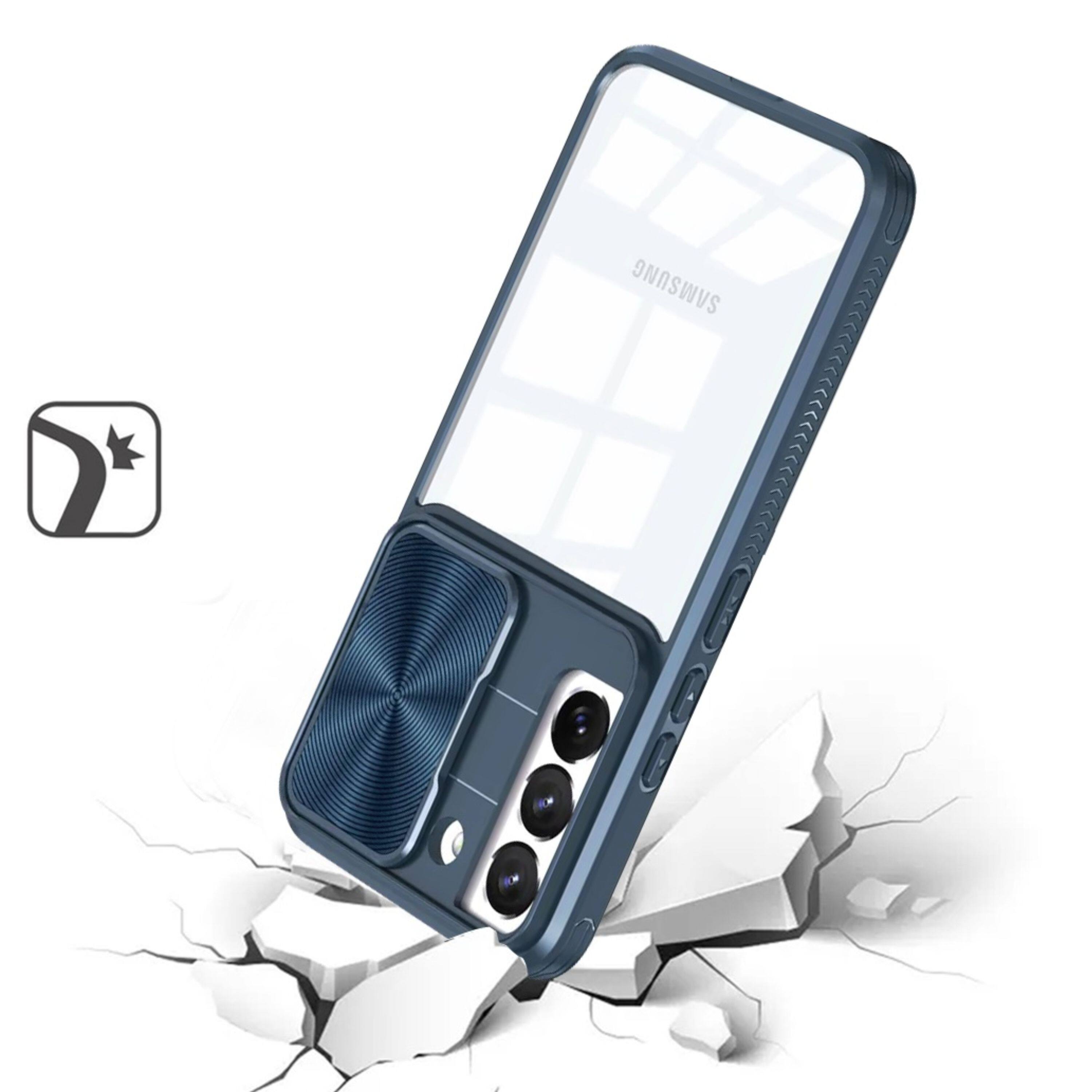 Left. Kitcheniva - Hybrid Rear Lens Sliding Cover Phone Case With Tempered Glass For Samsung Galaxy S23 FE 5G Blue - Blue.