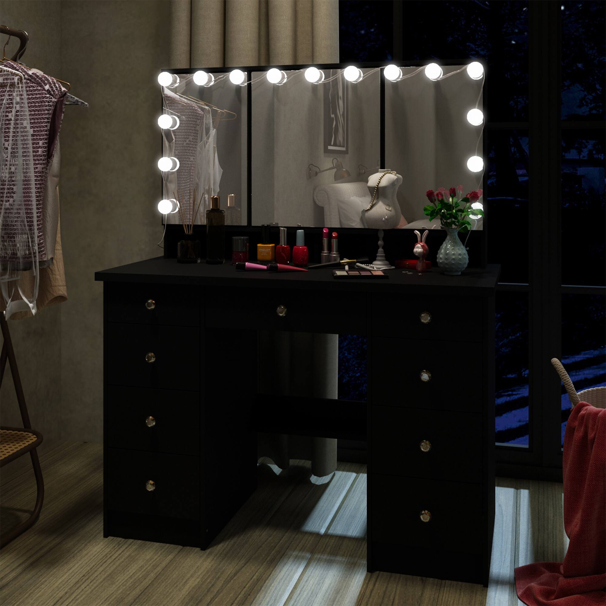 Alt View 1. Famapy - Luxe Illuminated Vanity Set w/3-Way Lighting | Silent-Drawer Organization, Eco-Smart Makeup Studio - Black.