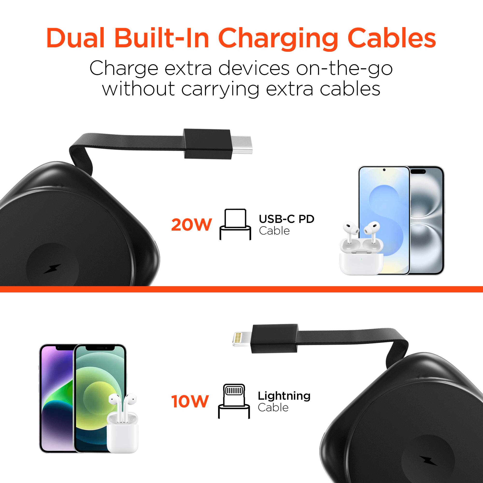 Dual Built-In Charging Cables  
Charge extra devices on-the-go without carrying extra cables  

20W USB-C PD Cable  
10W Lightning Cable